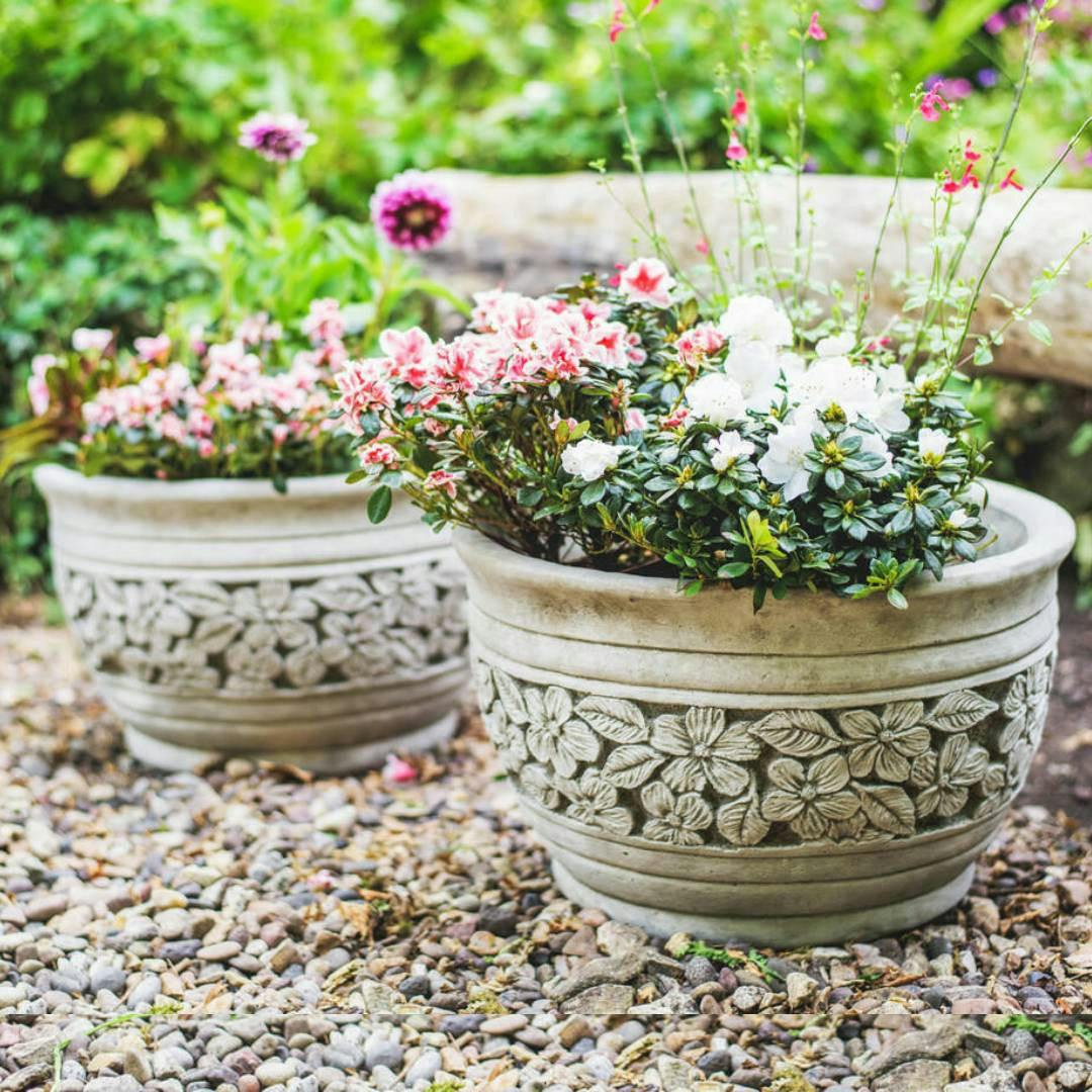 Rackhams Pair Stone Cast Flower Daisy Design Garden Planter Pot
