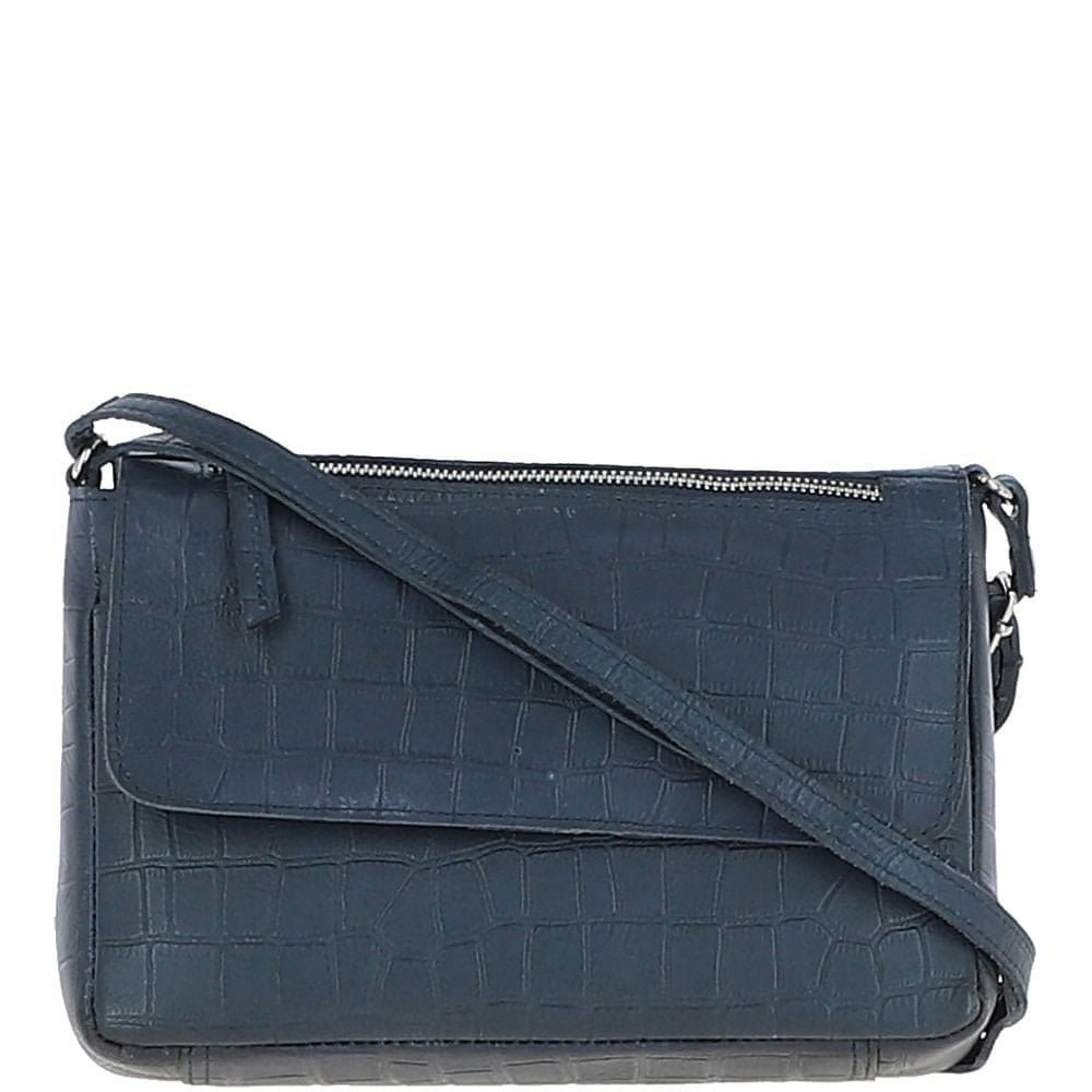 Ashwood Women's Blue Valentina Flap Over Croc Print Real Leather Shoulder Bag: Mc5 - One Size - Navy - Leather