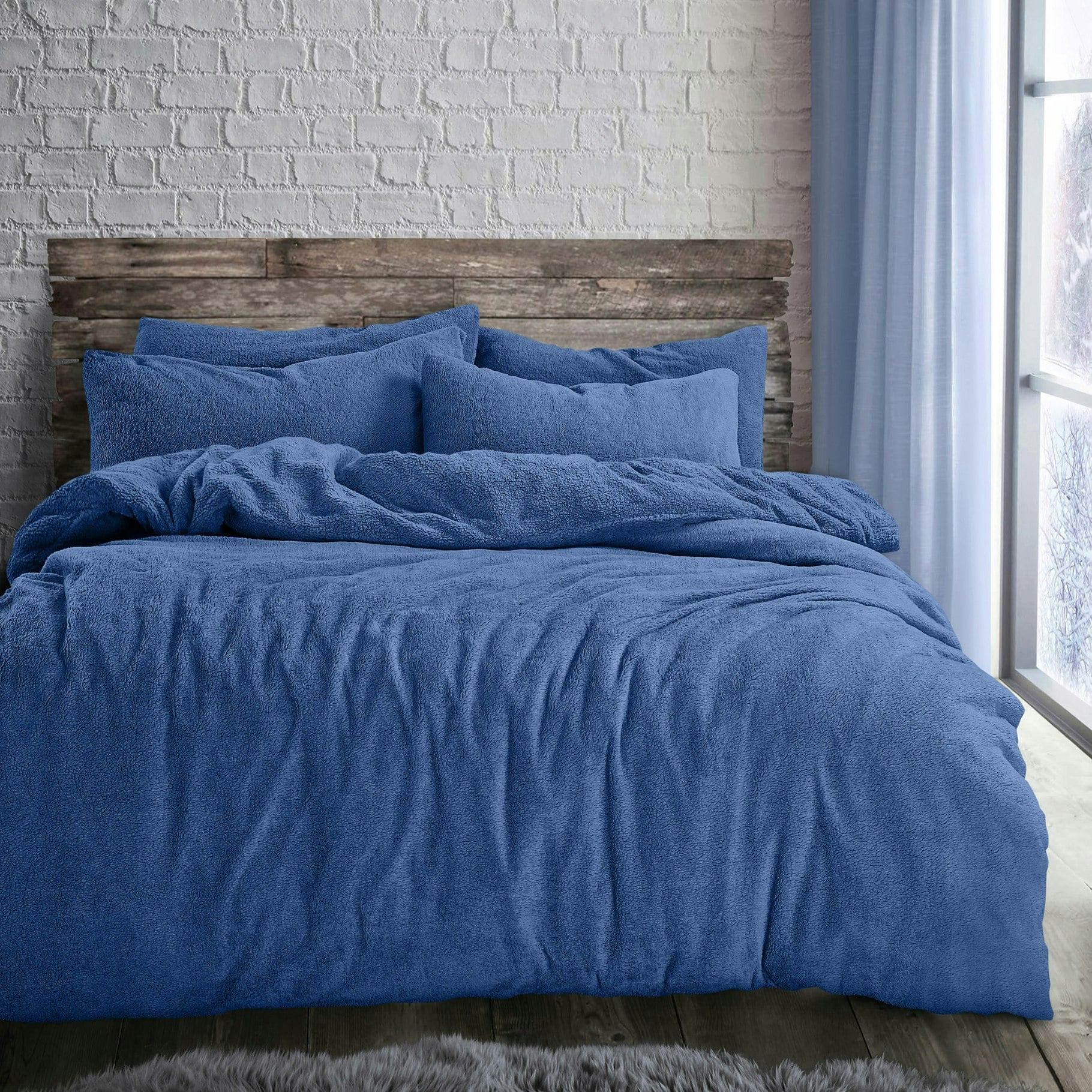 Rackhams Blue Plain Teddy Fluffy And Warm Fleece Duvet Cover Set - Single