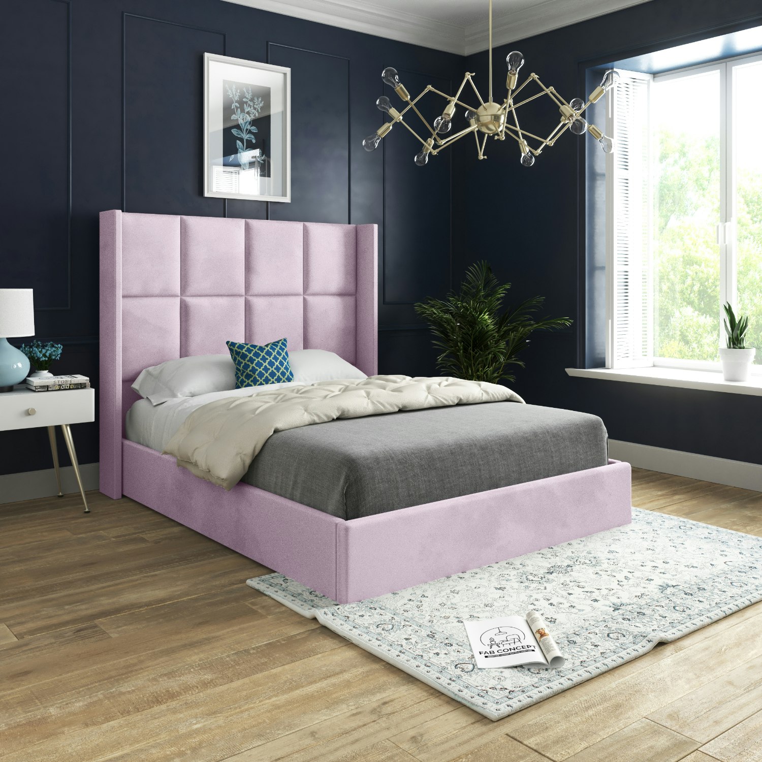Casa Magna Pink Quanta Straight Winged Upholstered Soft Velvet Bed Frame - Single