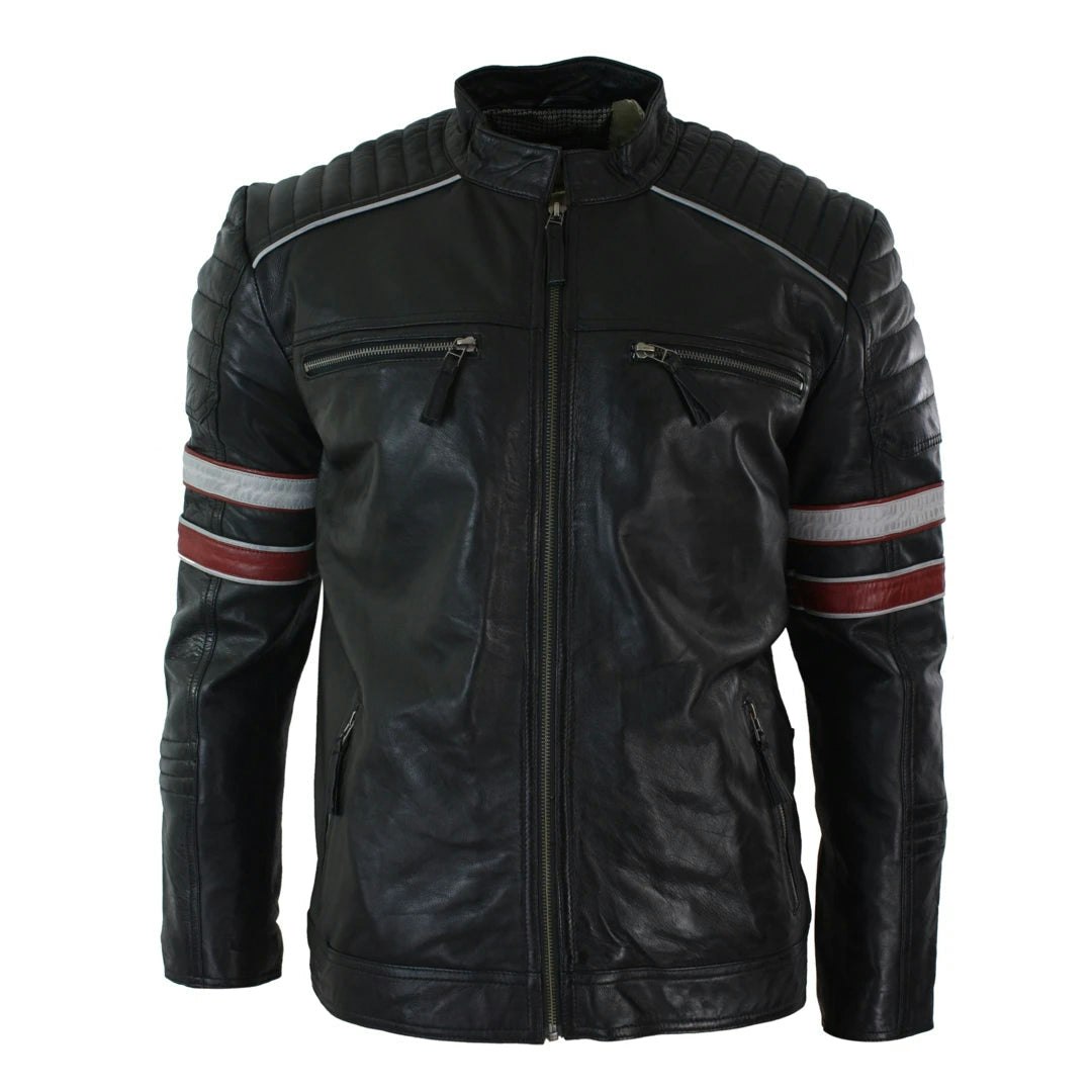 Aviatrix Men's Black/Red/White Racing Biker Jacket Stripes Leather Fit - 2XL