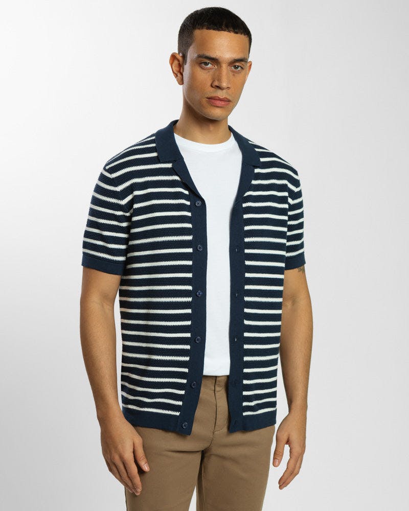 Steel & Jelly Large Stripe Knitted Button Polo Shirt - Navy - L
