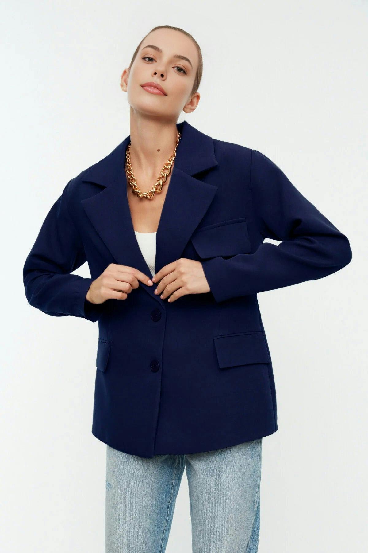 Wovcor Oversize Lined Woven Blazer Jacket - Navy - 10