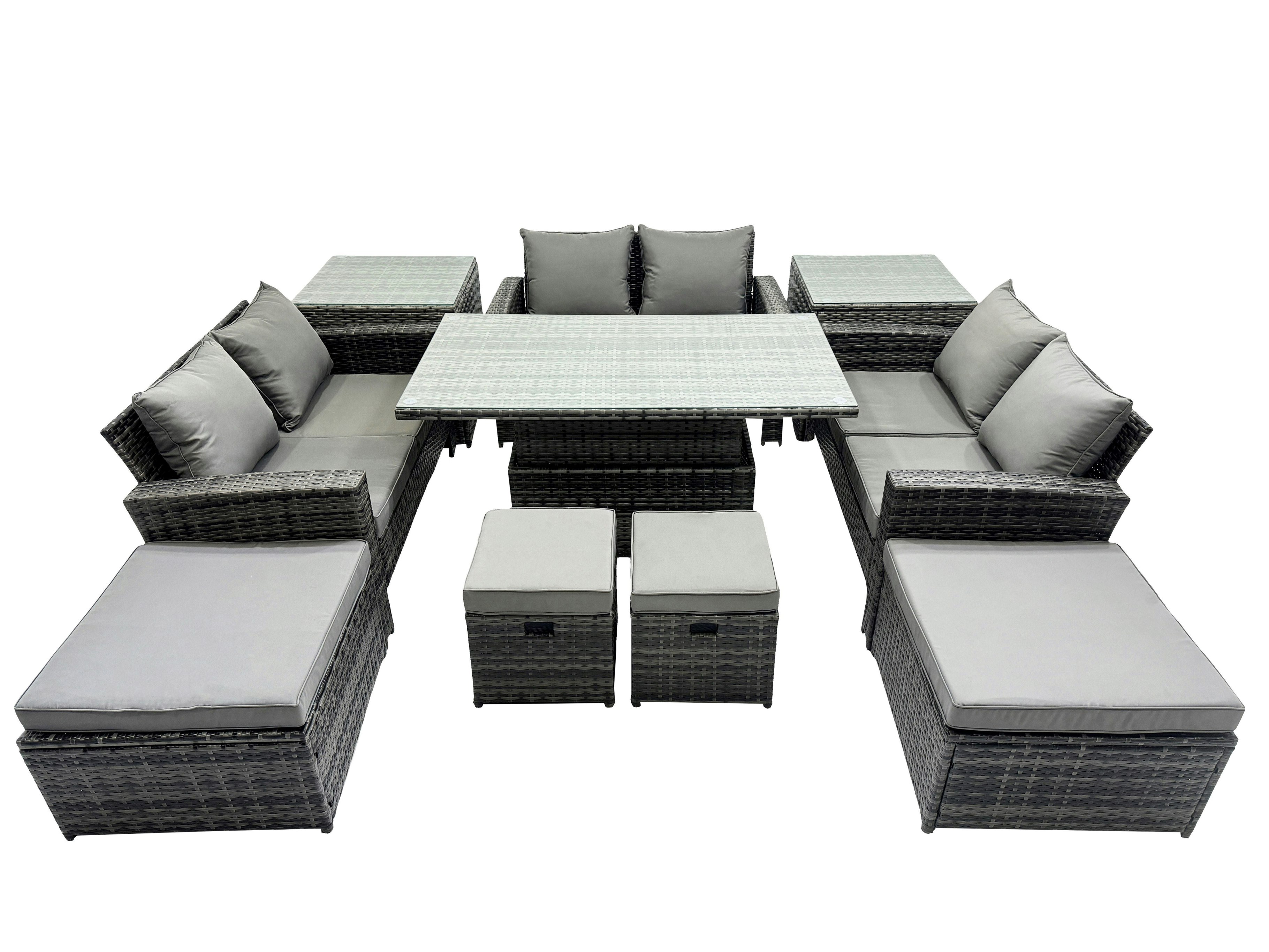 Rackhams Dark/Grey Outdoor Love Sofa Set 10 Seat Rattan Garden Furniture Set With Adjustable Lifting Dining Or Coffee Table 2 Side Tables Mixed