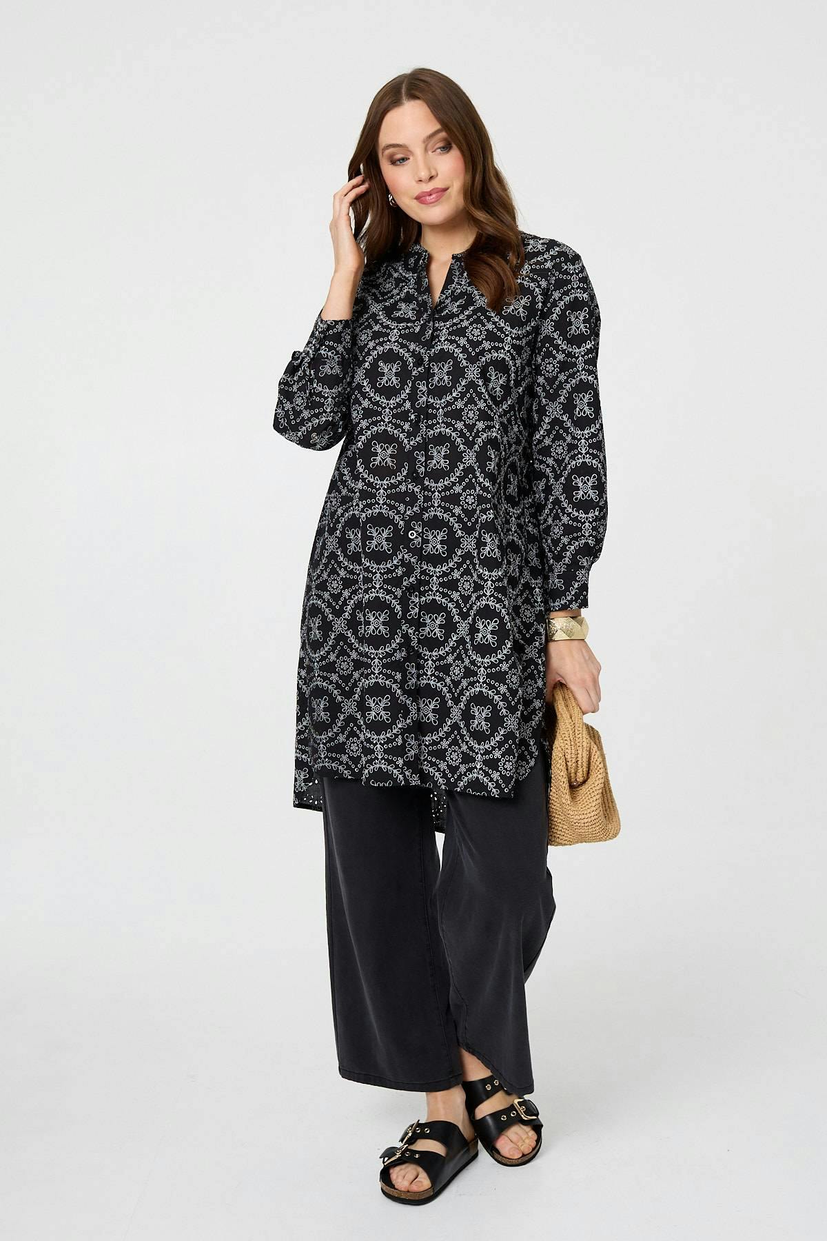 Izabel London Black Printed Relaxed Knee Length Shirt Dress - 8