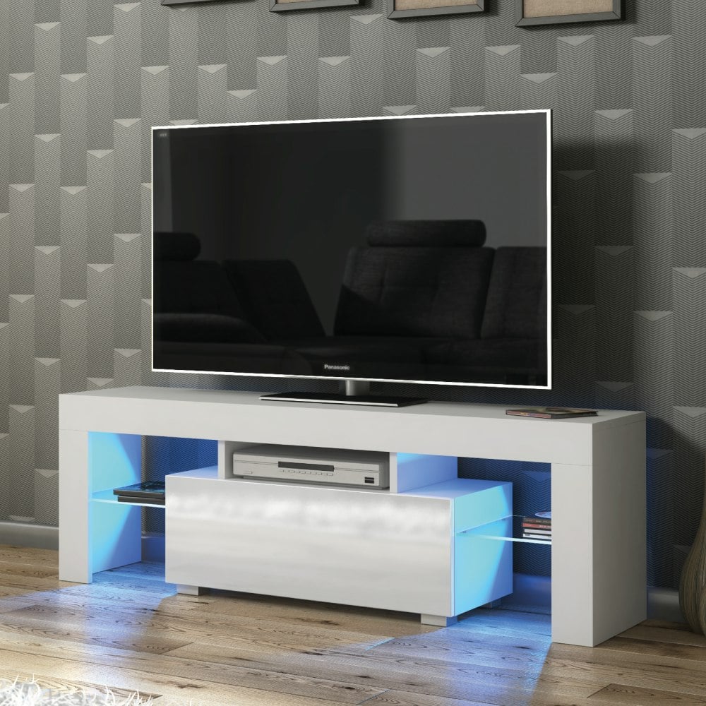 Rackhams White 130Cm Tv Unit Cabinet With High Gloss Doors, Free Led And Storage - 130 Cm - Mdf/Chipboard - Matt Body & Gloss Doors
