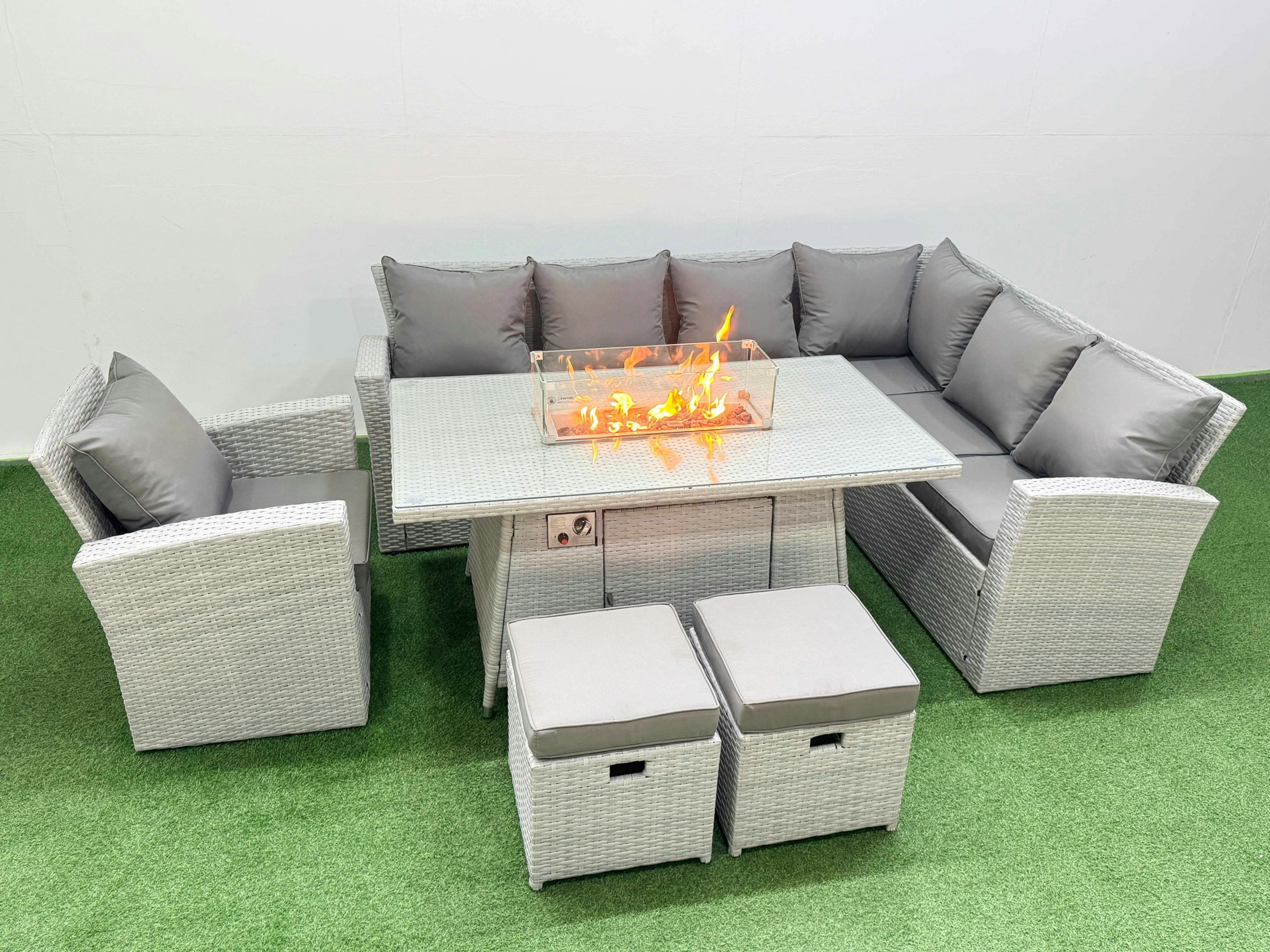 Fimous Light/Grey 9 Seat Rattan Garden Furniture Corner Sofa Set Outdoor Gas Fire Pit Table Set With 2 Small Footstools