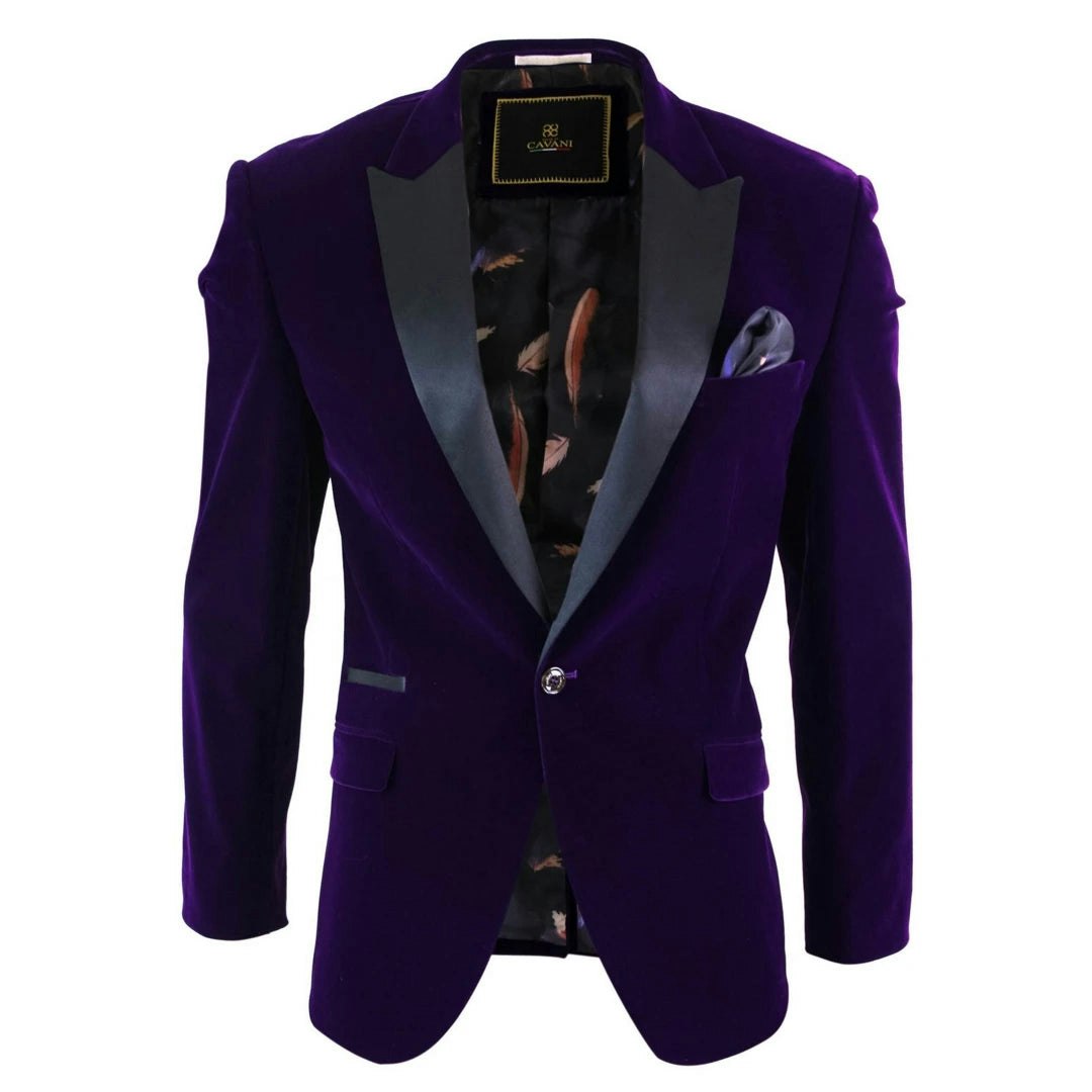 House Of Cavani Men's Black/Purple Rosa - Soft Velvet Navy 1 Button Dinner Jacket Tuxedo Blazer Fit - 52