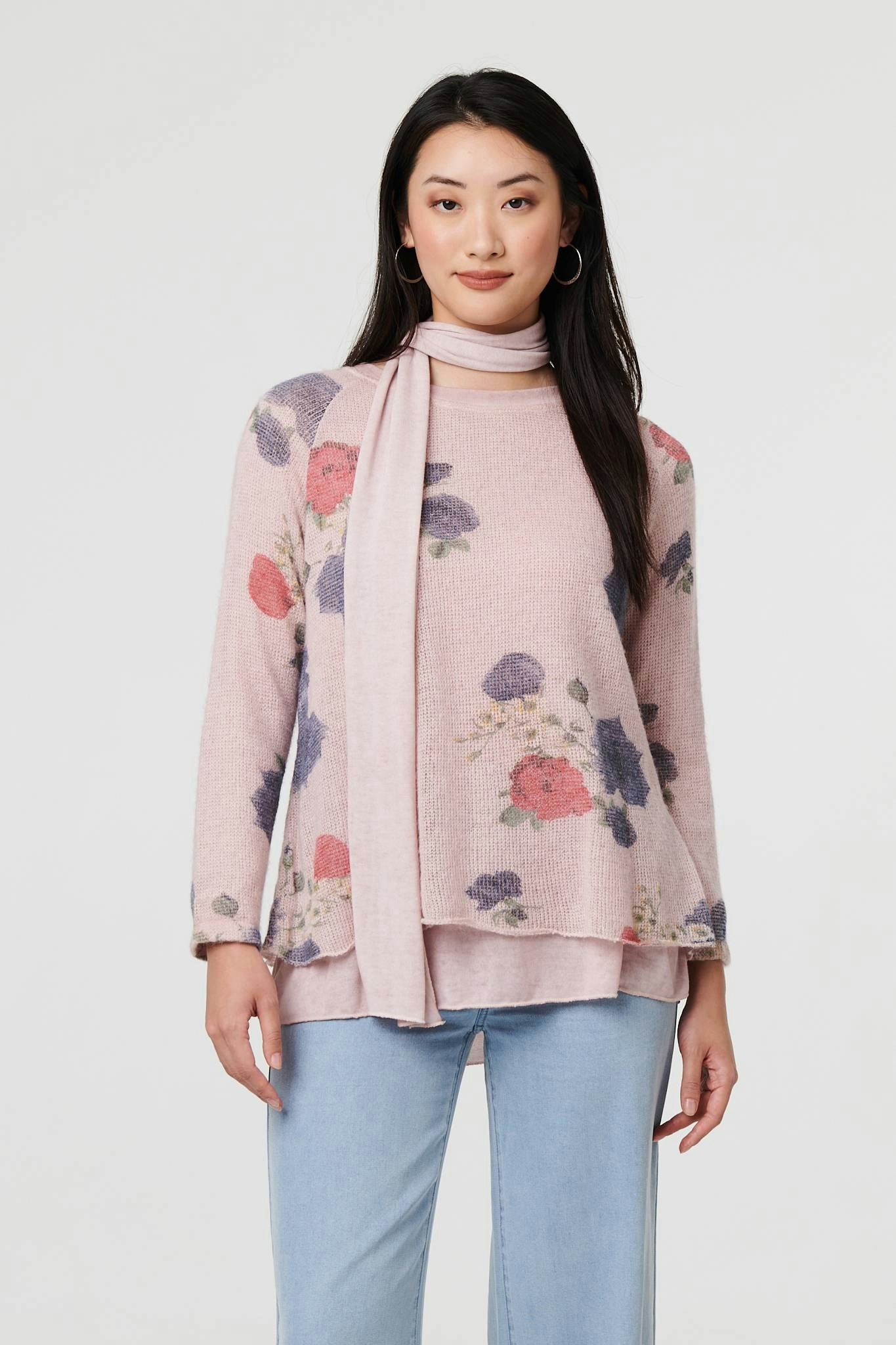 Izabel London Pink Floral Layered Tunic Top With Scarf - 8
