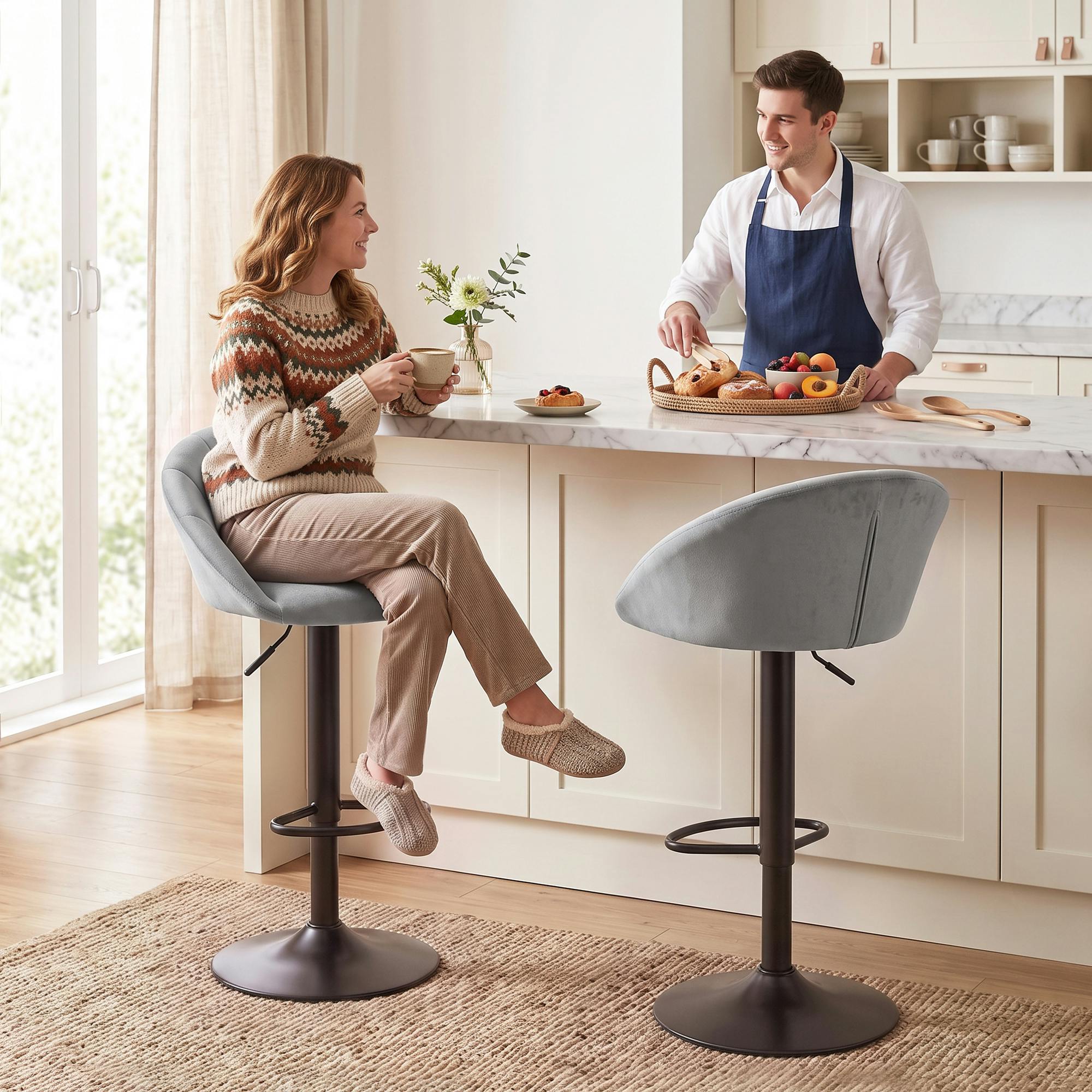 Homcom Light/Grey Bar Stools Set Of 2 Velvet Adjustable Swivel