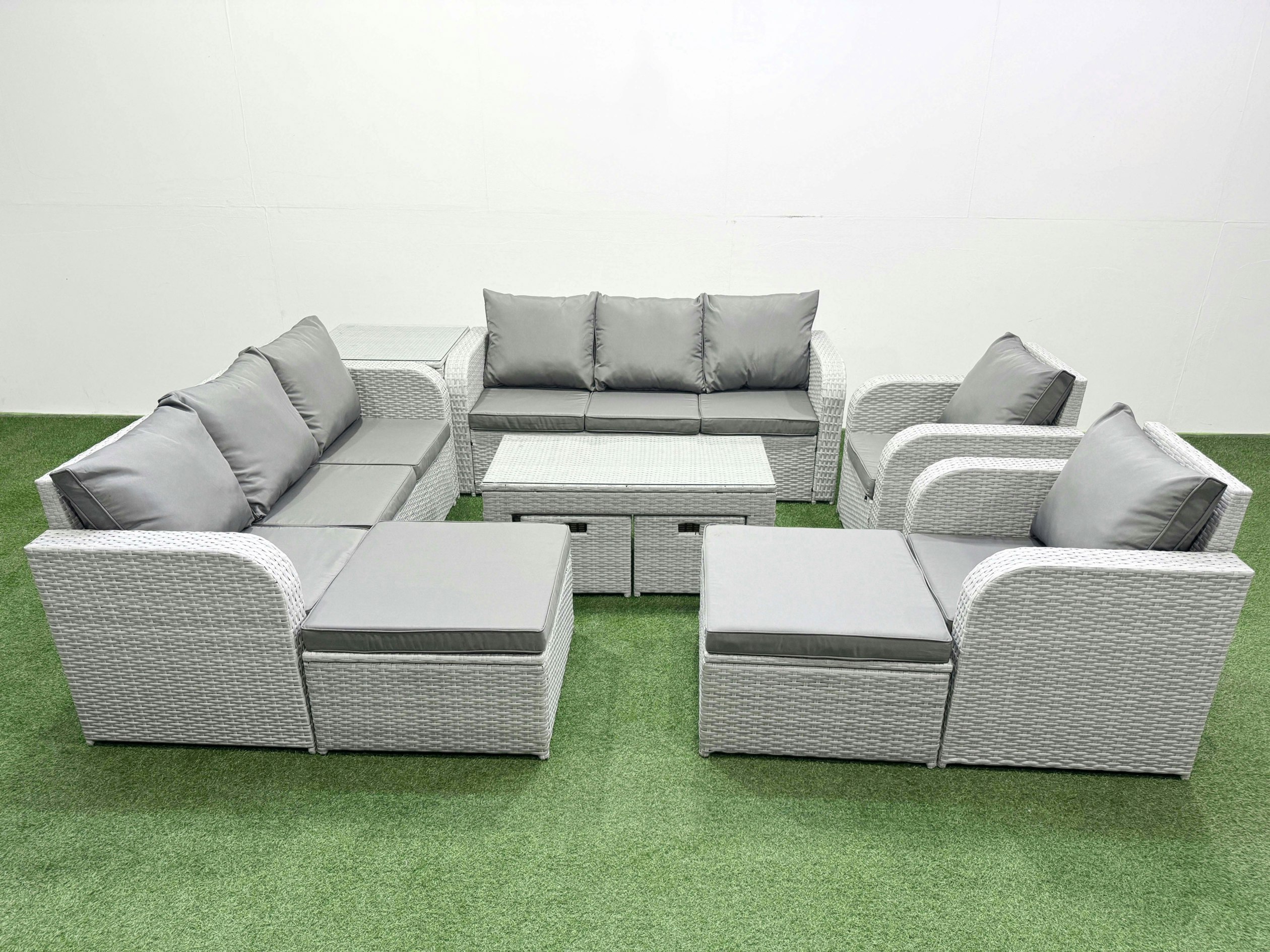 Rackhams Light/Grey Pe Wicker Rattan Furniture Sofa Sets With Oblong Coffee Table 3 Seater Sofa 4 Stools Side Table