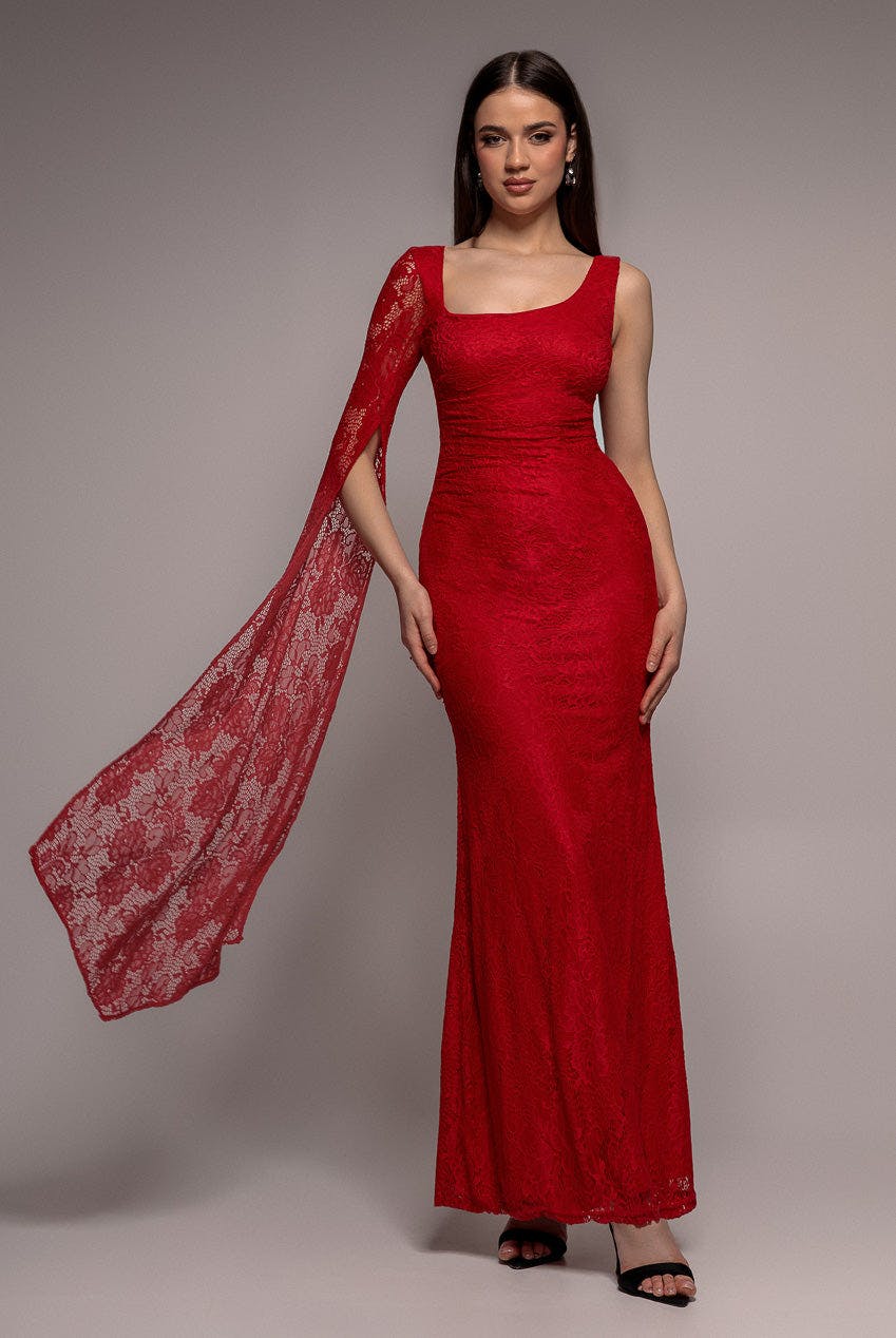 Goddiva Red One Shoulder Cape Sleeve Pleated Lace Maxi Dress - By - 14