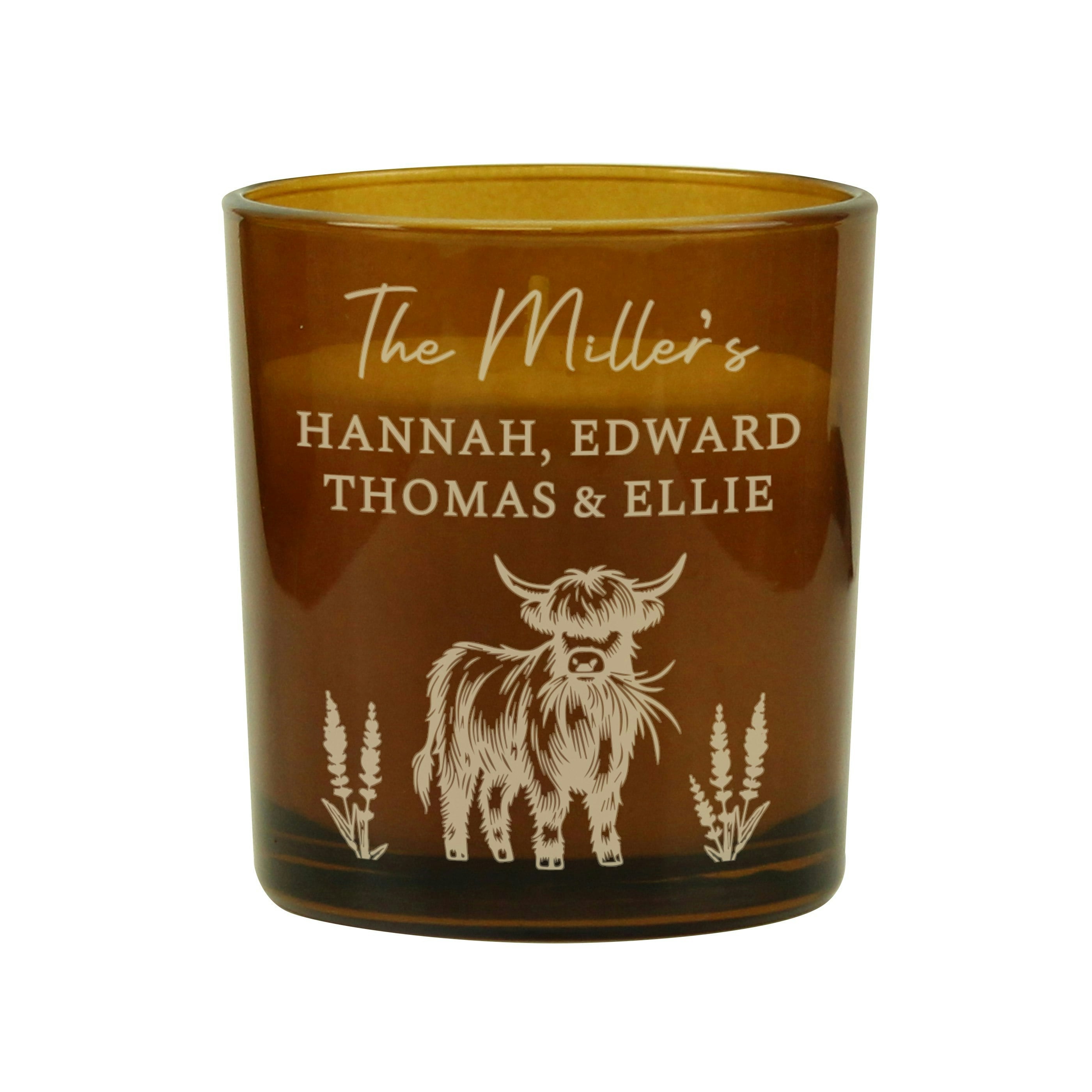 Personalised Memento Company Amber Personalised Engraved Highland Cow Glass Candle