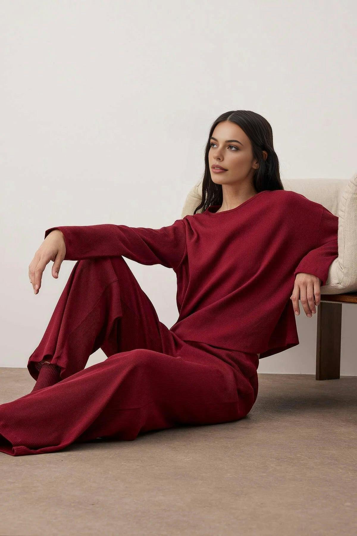 Hoxton Gal Burgundy 2 Piece Ribbed Knit Pajama Set - Xl