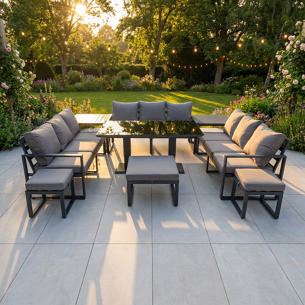 Rackhams Dark/Grey 12 Seater Garden Sofa Set Aluminium Furniture Rising Dining Tabe Set With 2 Side Tables 3 Footstools