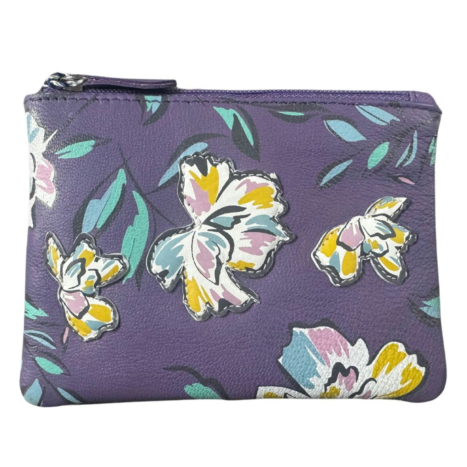 Mala Leather Purple Zinnia Floral Card & Coin Rfid Leather Purse