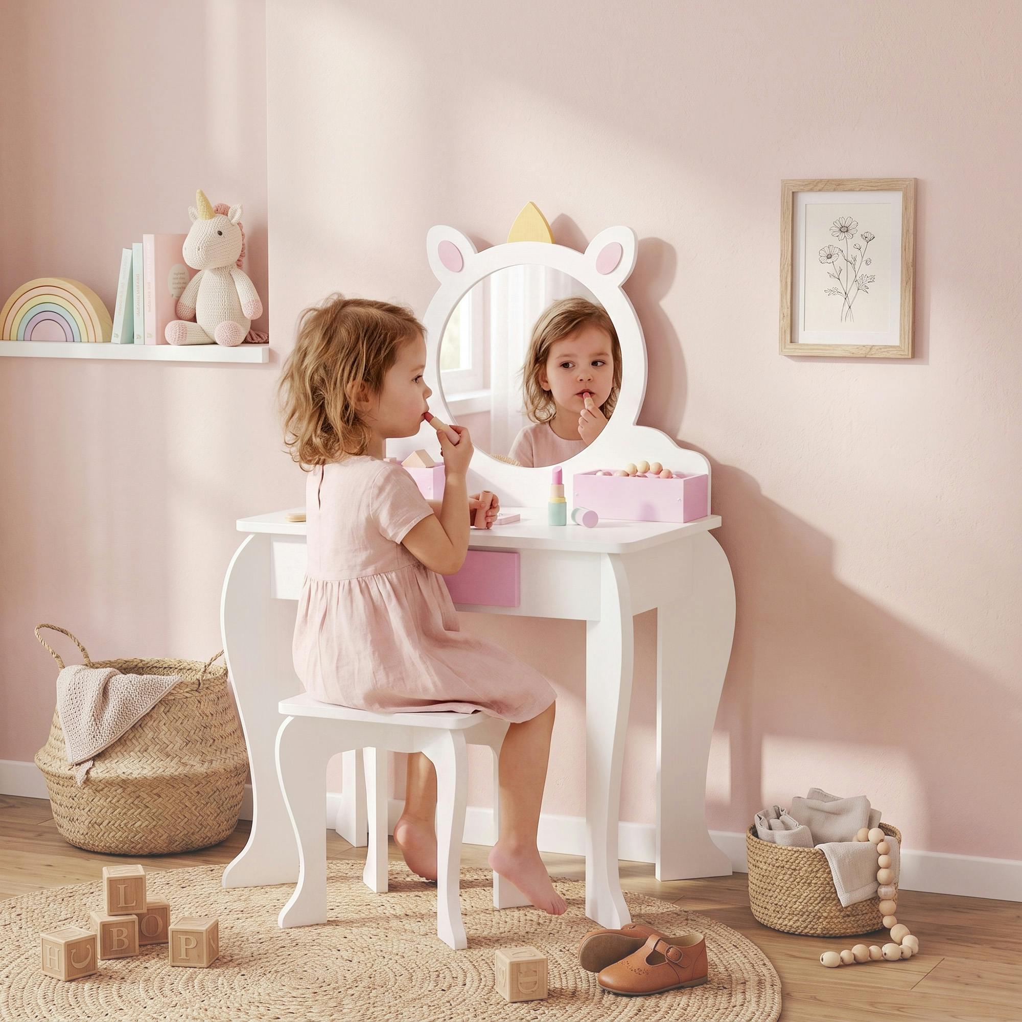 Zonekiz White Kids Dressing Table With Mirror And Stool, Drawer, Storage Boxes