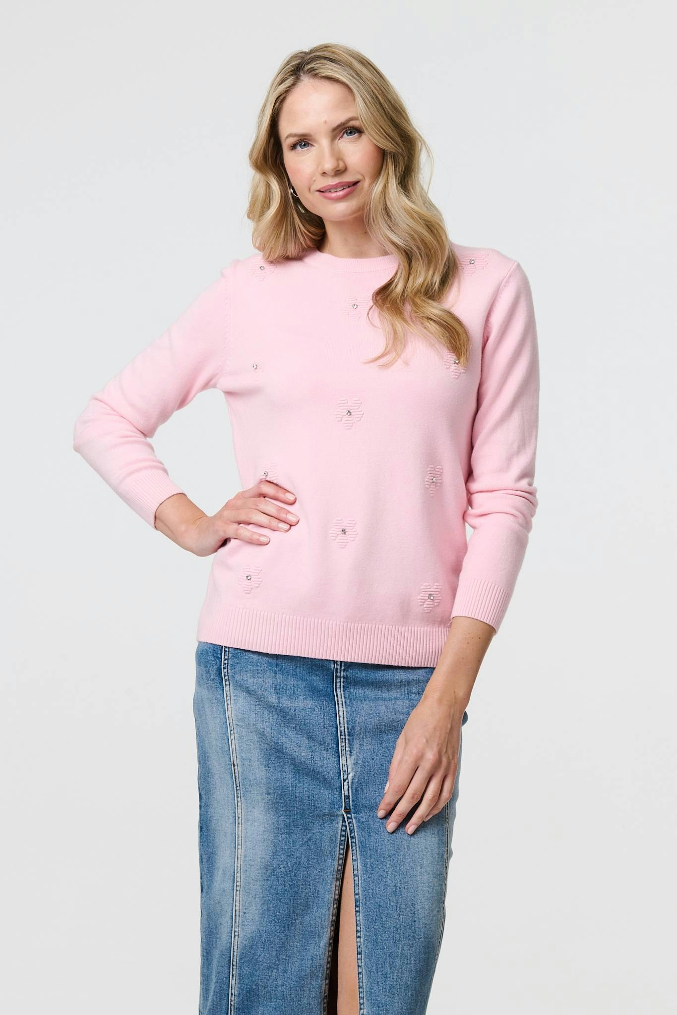 Izabel London Pink Floral Gemstone Embellished Jumper - 18