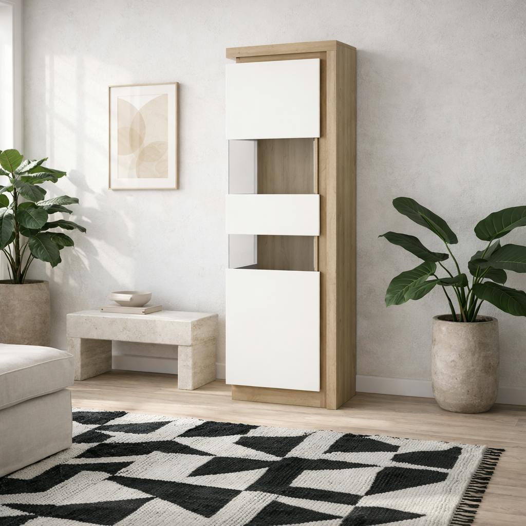 Rackhams White Hjorring And Natural Oak Wood Tall Narrow Display Cabinet