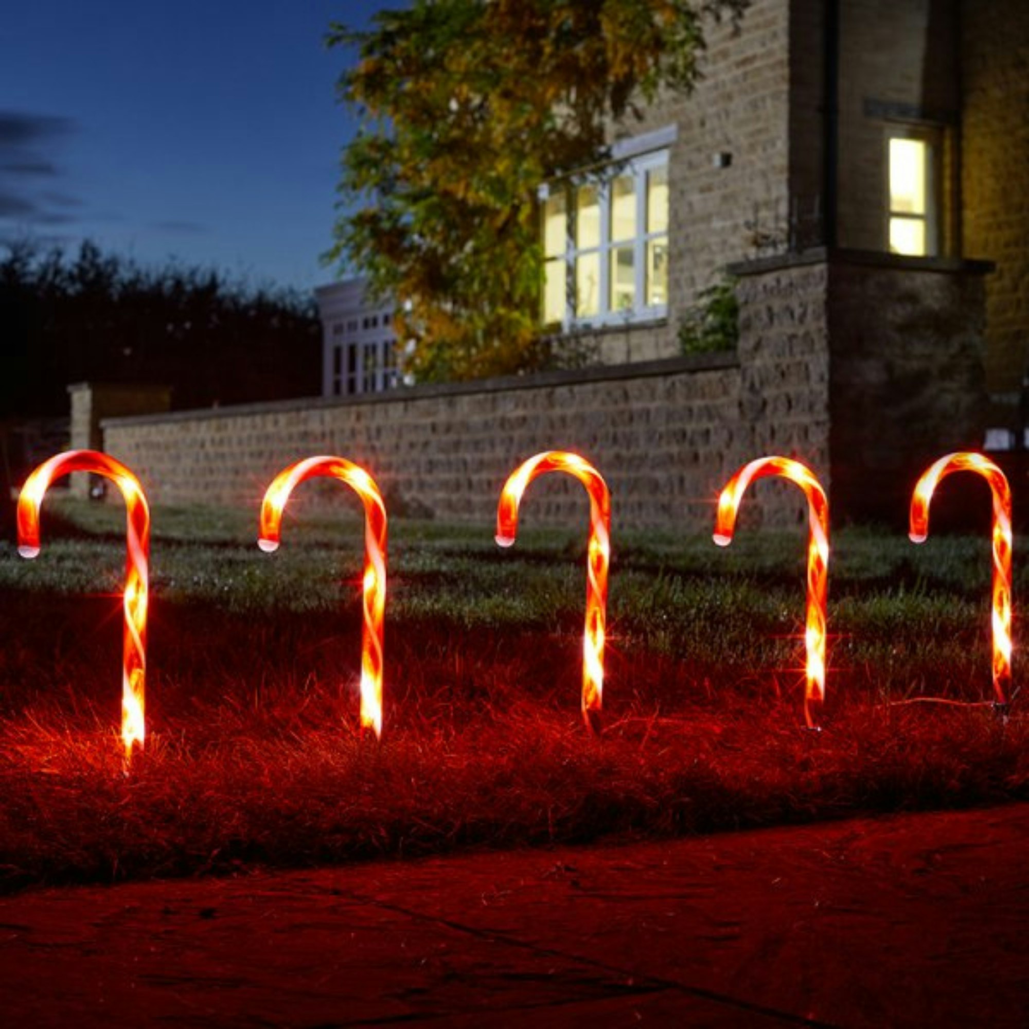 Rackhams Light/Red/White Set Of 6 Up & Stripe Christmas Candy Cane Garden Stakes With Leds