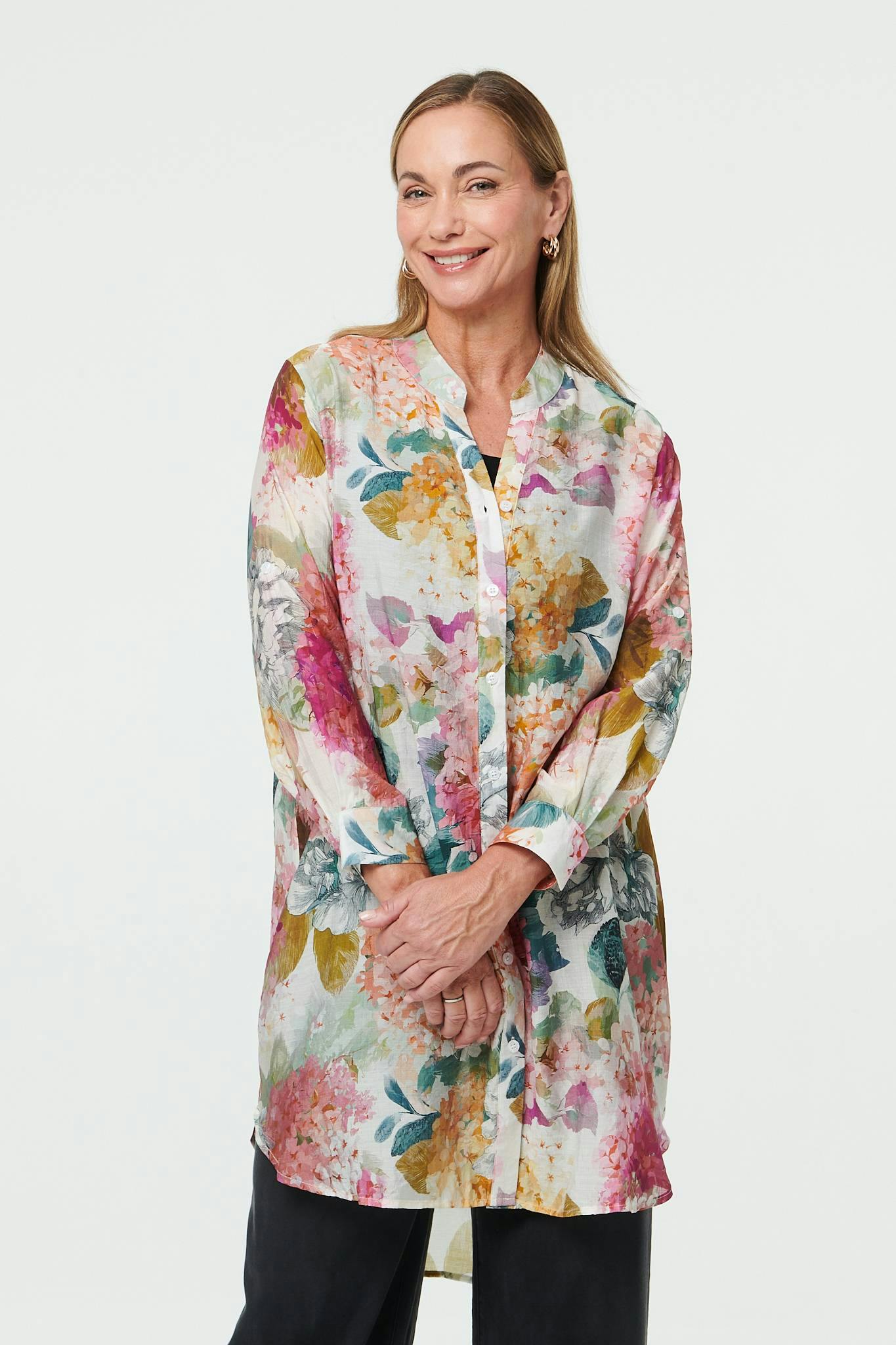 Izabel London Pink Floral Long Sleeve Longline V-Neck Shirt - 12