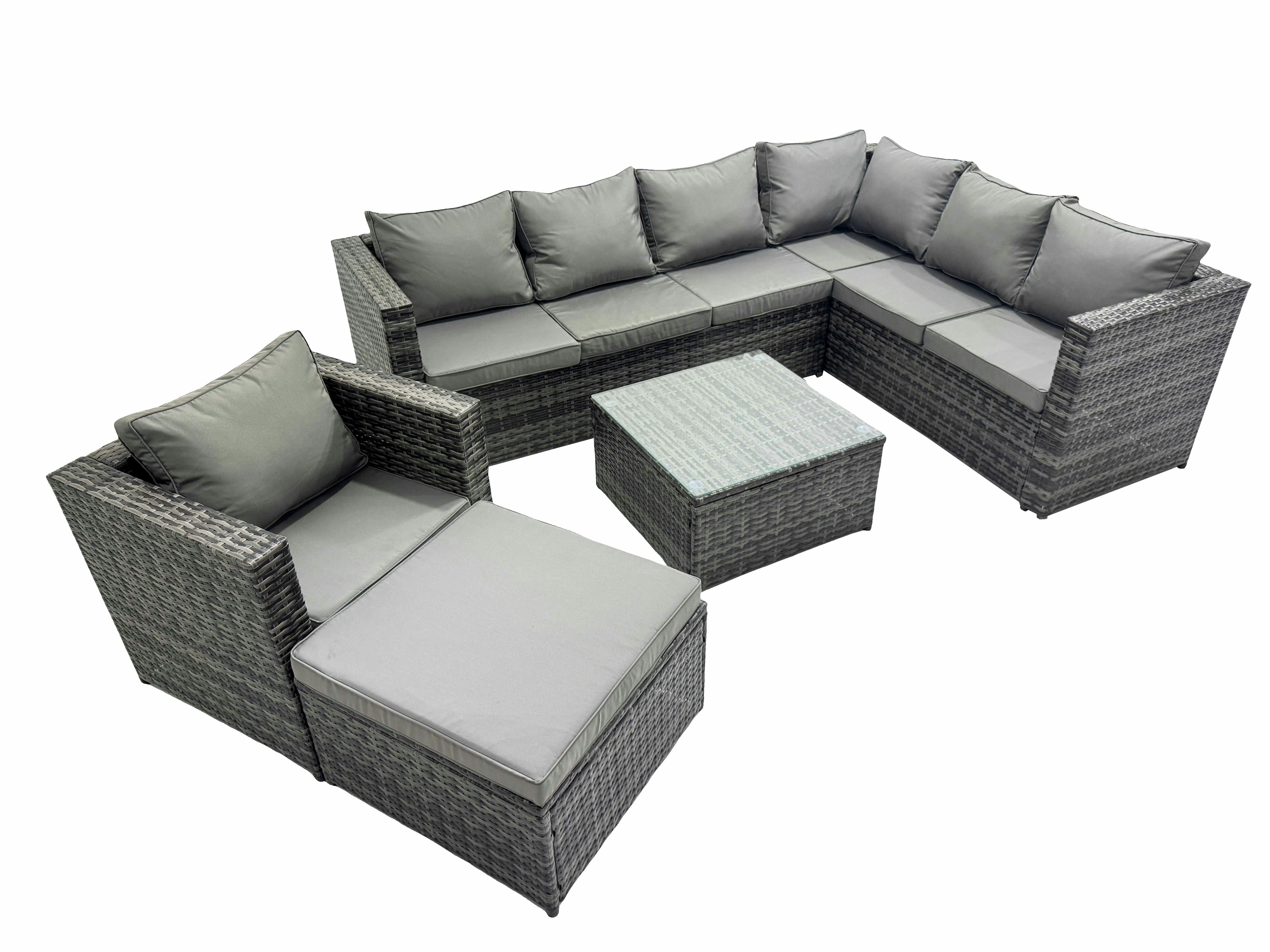Fimous Dark/Grey Outdoor Pe Rattan Garden Furniture Sofa Set With Square Coffee Table Chair Big Stool