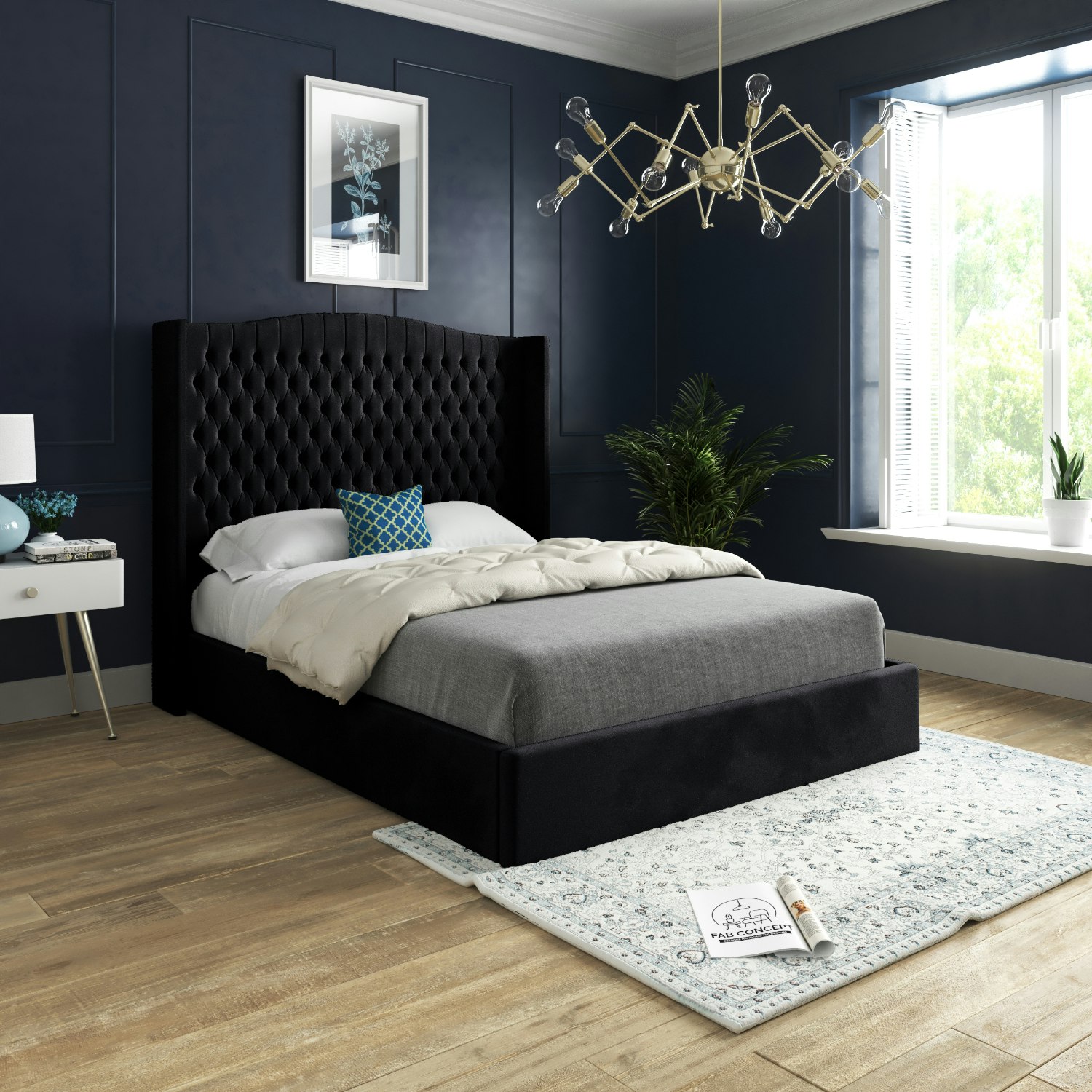 Casa Magna Black Rana Curved Top Winged Upholstered Soft Velvet Bed Frame - Double