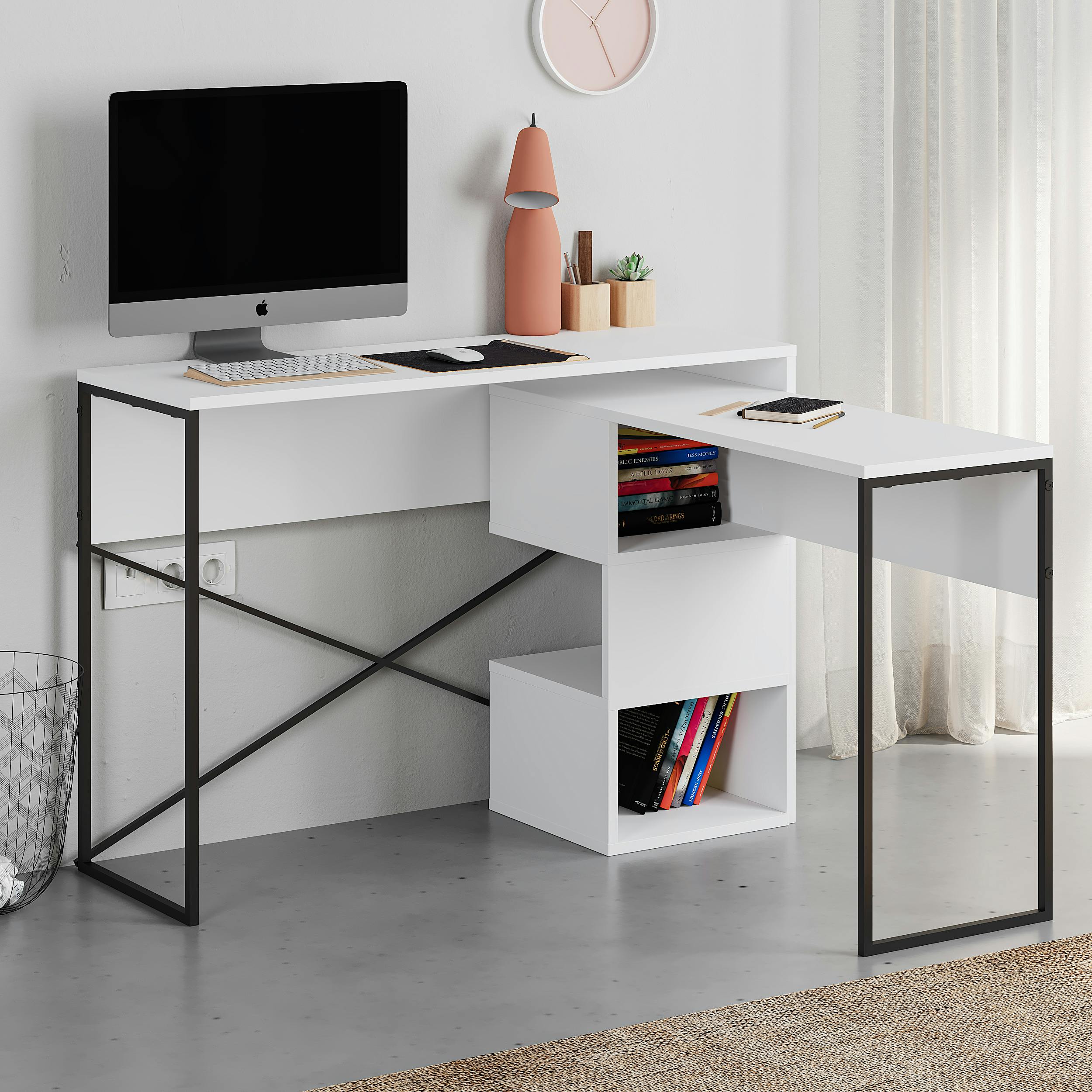 Decortie Black Modern Badau L-Shaped Computer Desk Metal Legs 3 Adjustable Storage Shelf Extra Table 110Cm(W) Work Pc Office