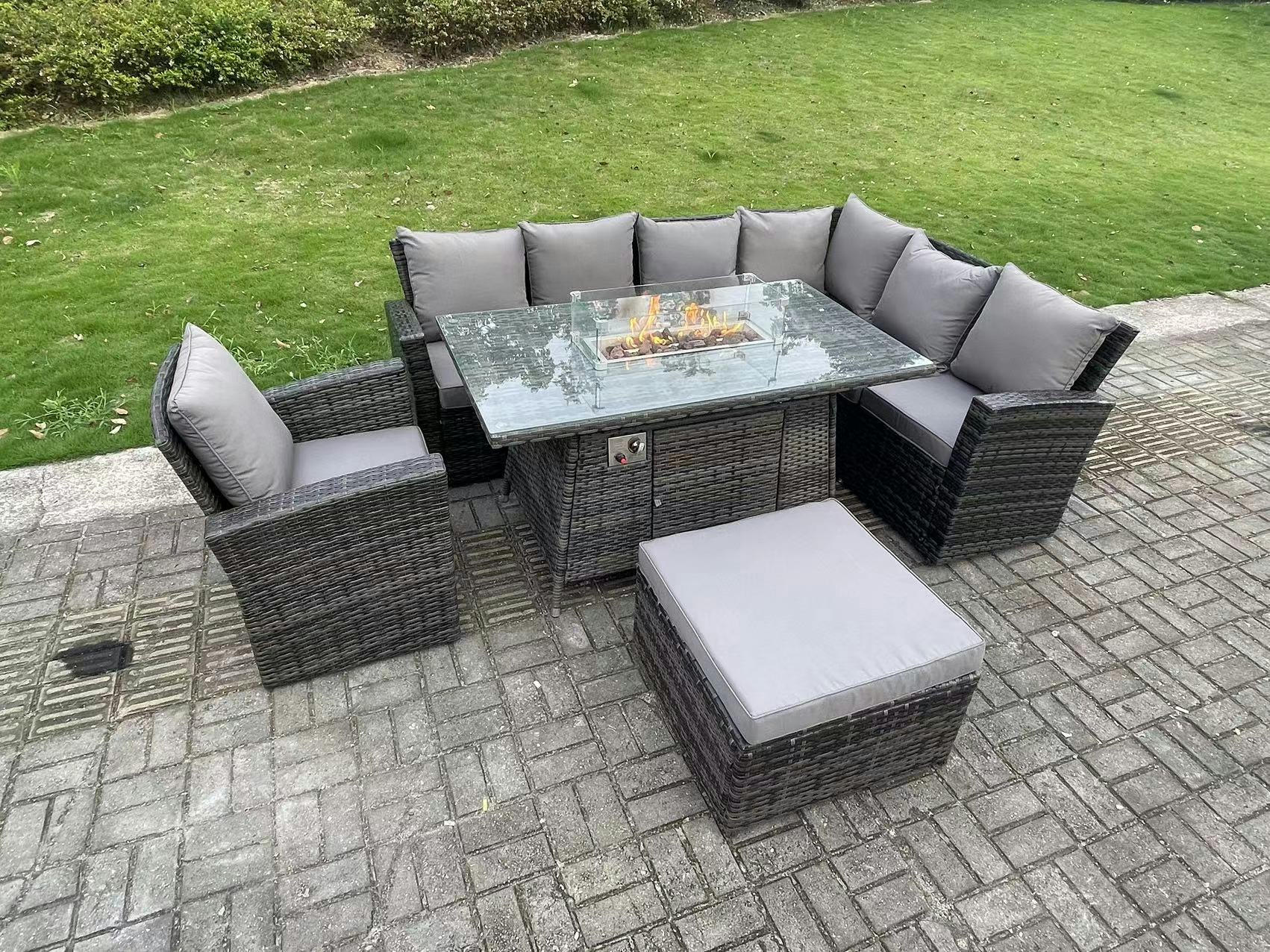 Rackhams Dark/Grey 8 Seater?Outdoor Rattan Gas Fire Pit Sofa Dining Set Garden Furniture Heater Dining Table Chair Mixed Right Side