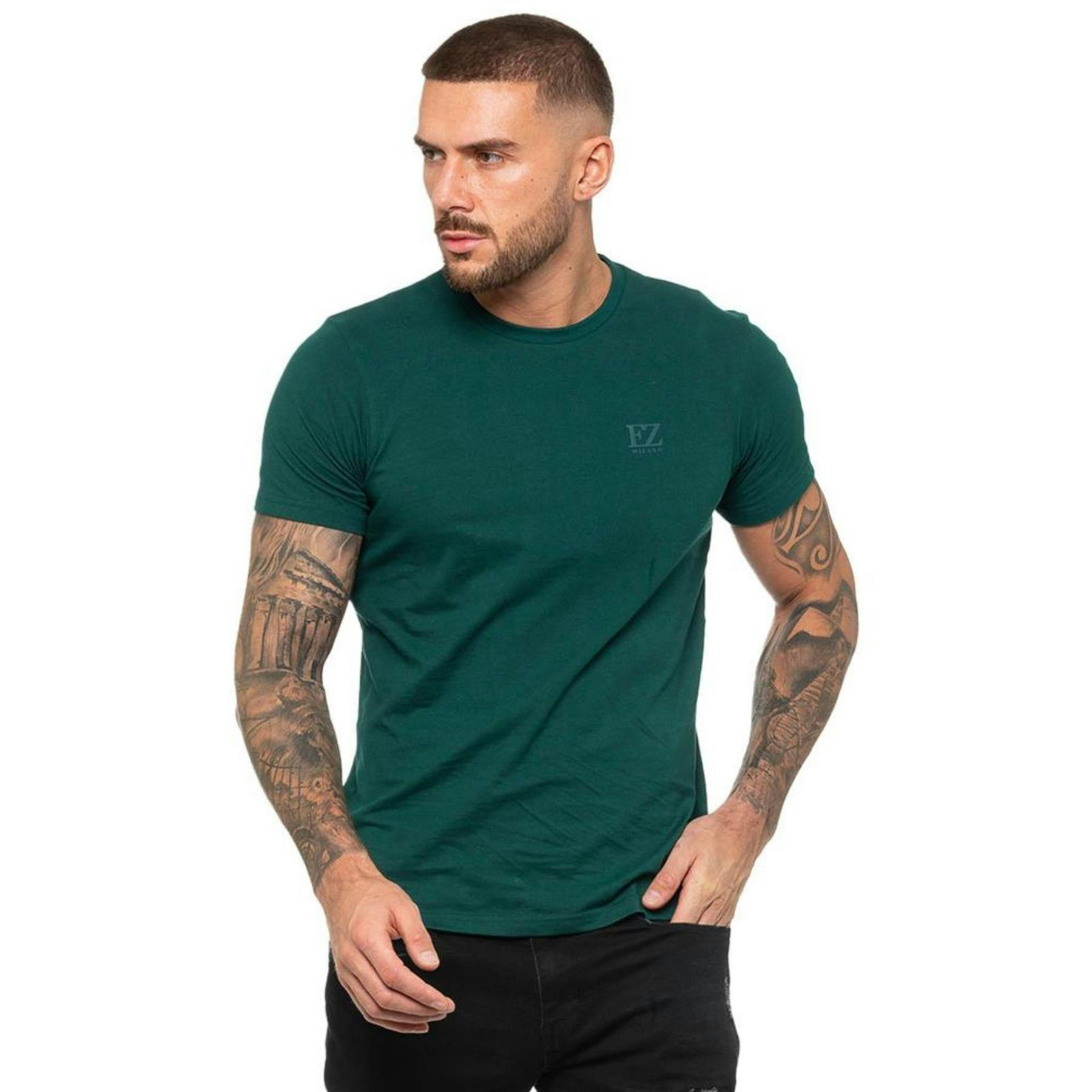 Enzo Men's Green Crew Neck T-Shirt - M - 100% Cotton