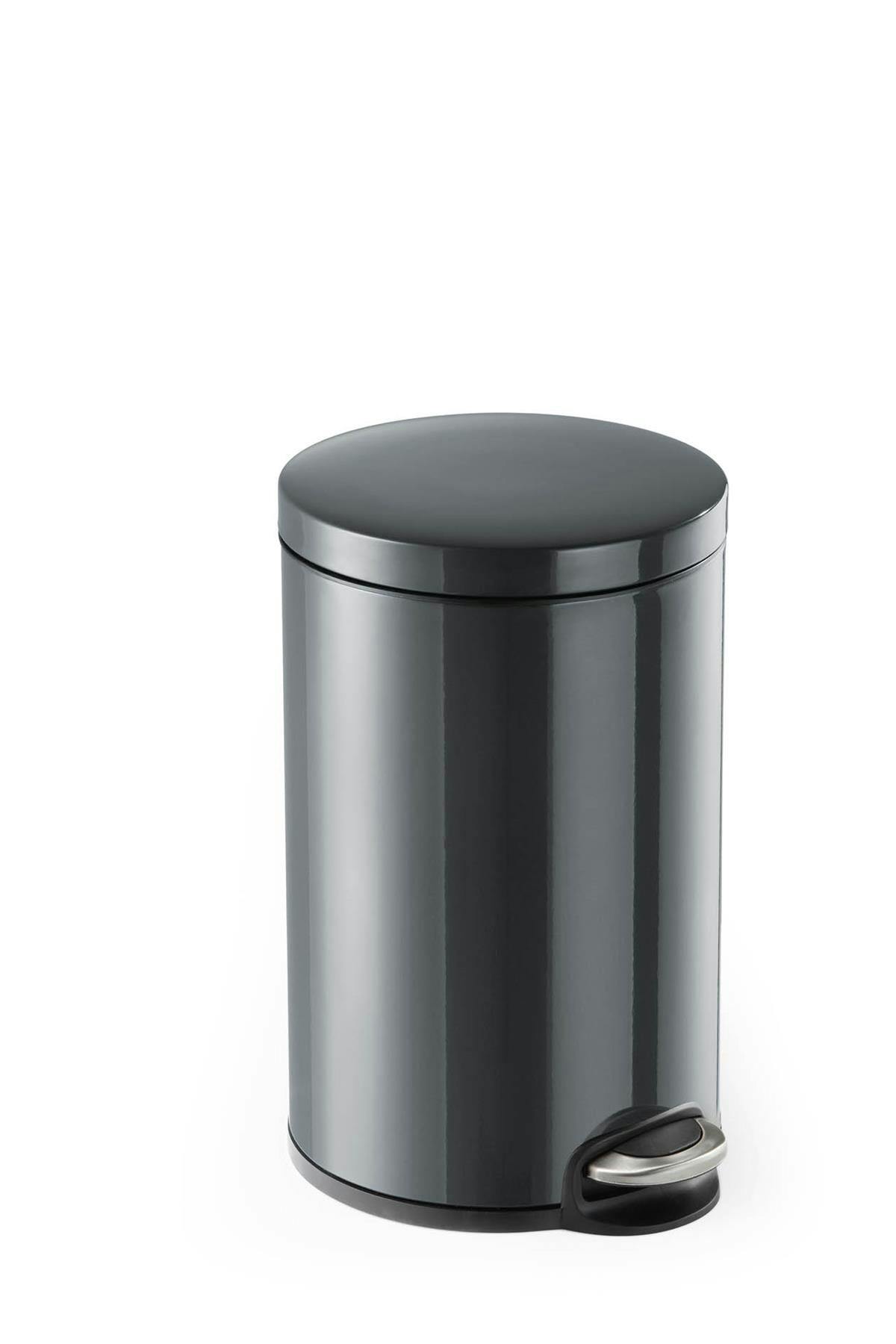 Rackhams Grey Steel Pedal Bin 12L | Soft-Close Round Waste Bin | Charcoal