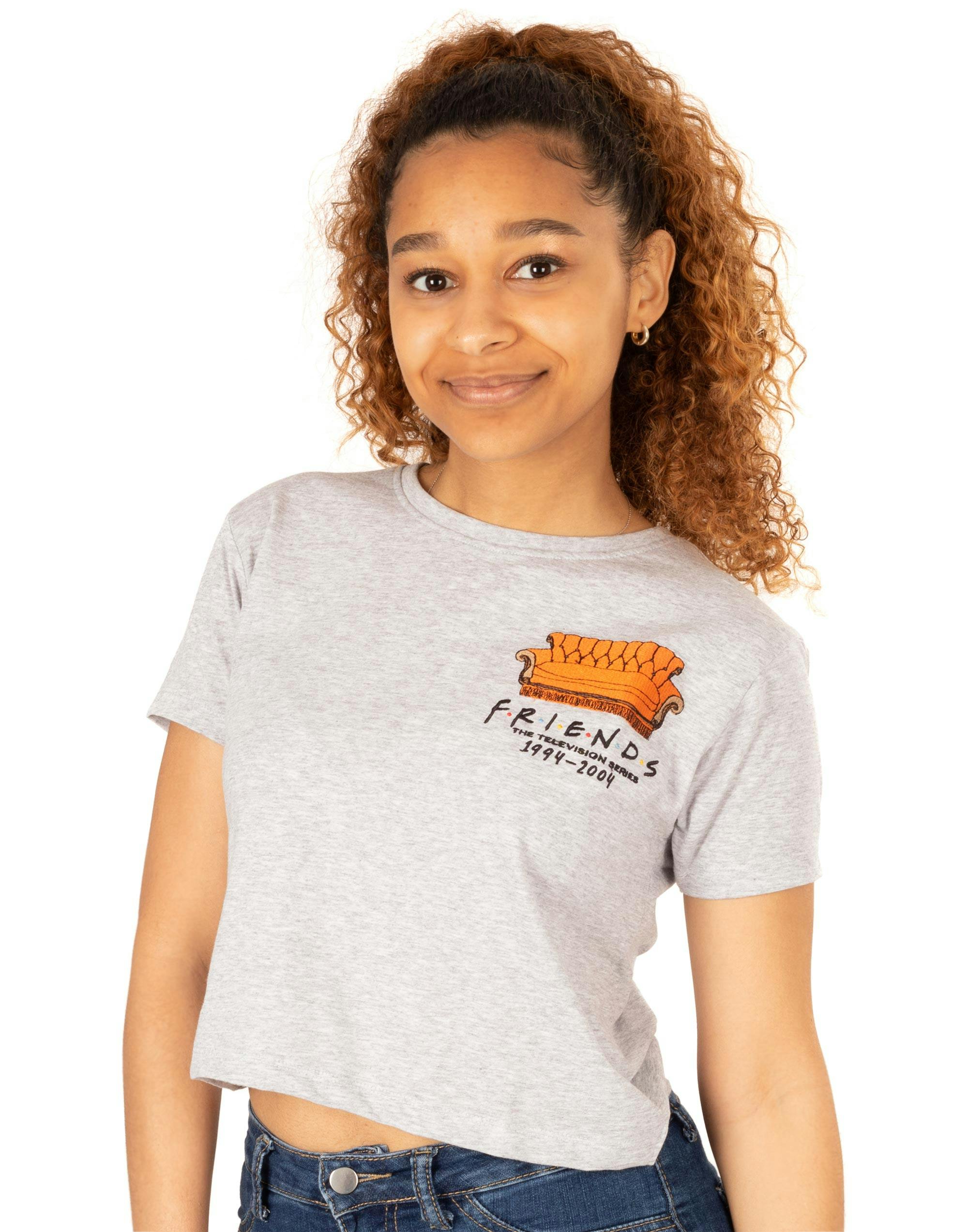 Vanilla Underground Women's Grey Friends Central Perk Couch Cropped Short Sleeved T-Shirt - Small
