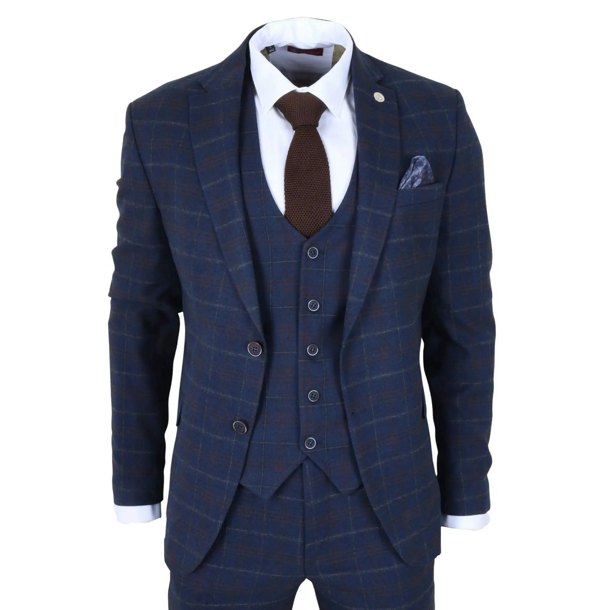 Truclothing Men's Tp-34 - 3 Piece Navy Plaid Check Tailored Fit Suit - 48" Jacket 42" Trousers - Navy