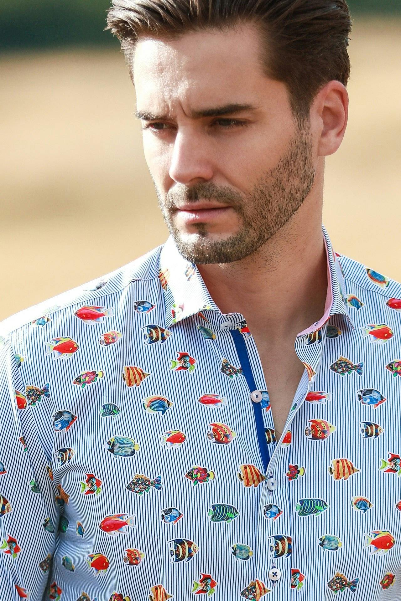 Claudio Lugli Men's White Fish Print Long Sleeve Shirt - Multicolour - Xxl