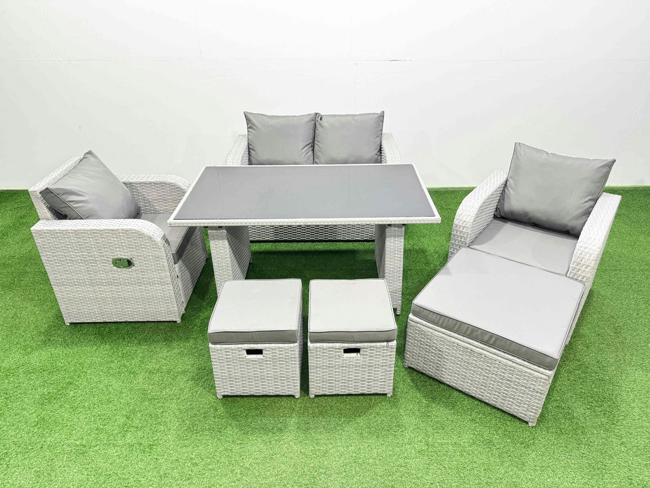 Fimous Outdoor Rattan Garden Furniture Dining Set 7 Seater Patio Rectangular Table Love Sofa Reclining Chair Set With 3 Stools