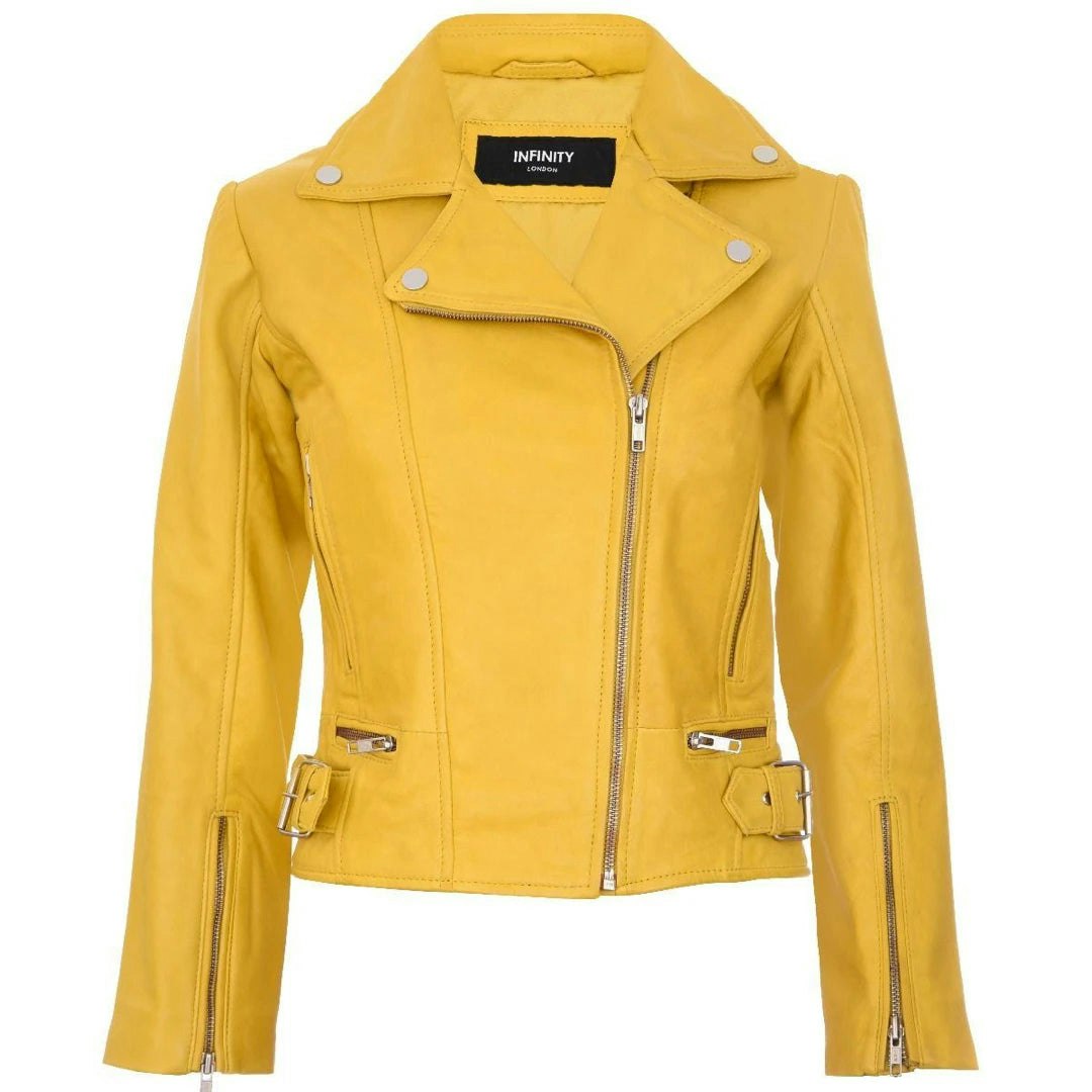 Infinity Leather Women's Black/Yellow Leather Company Leather Biker Jacket - Uk 22