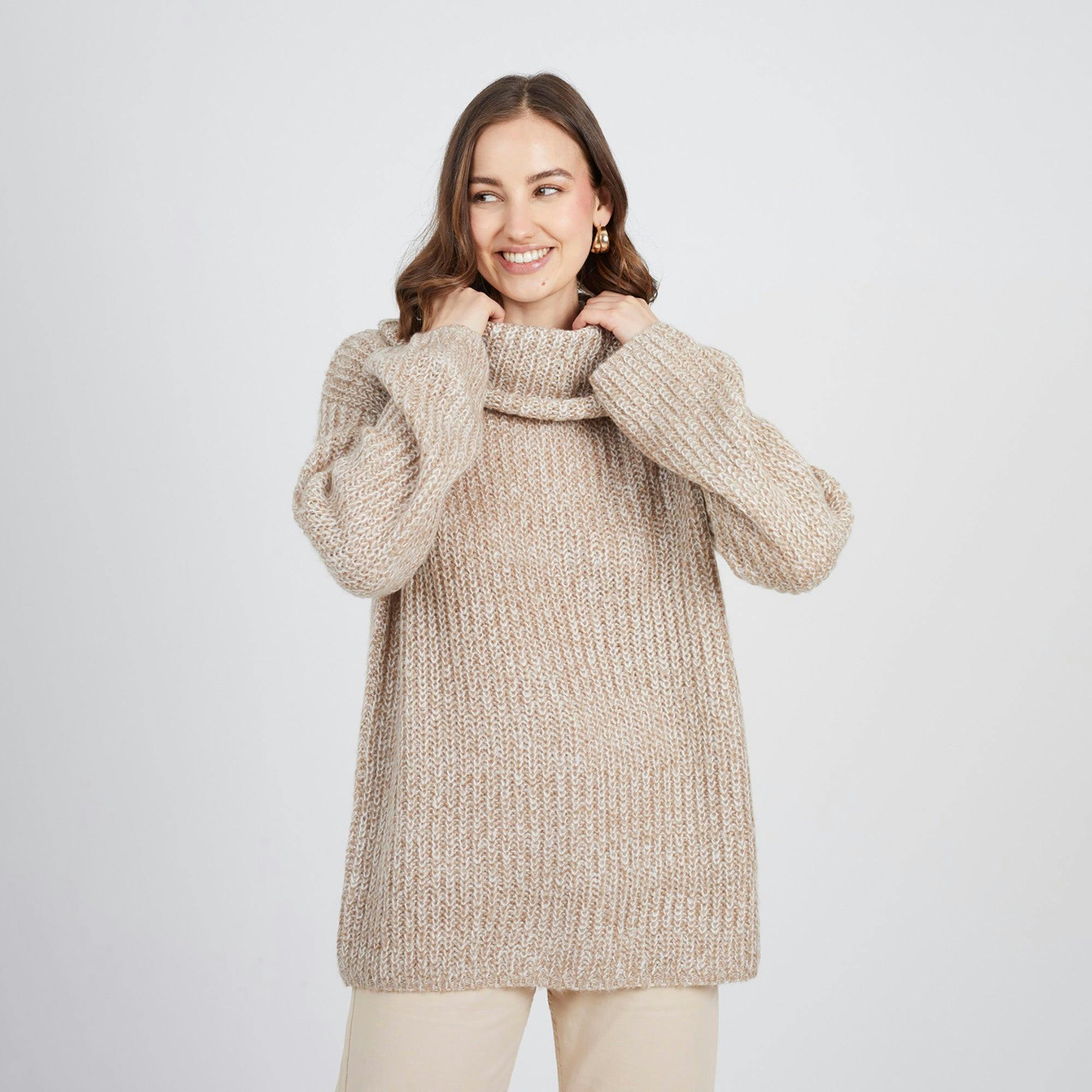 Brave Soul Oversized Fisherman Knit Roll Neck Jumper - Stone - Stone - M