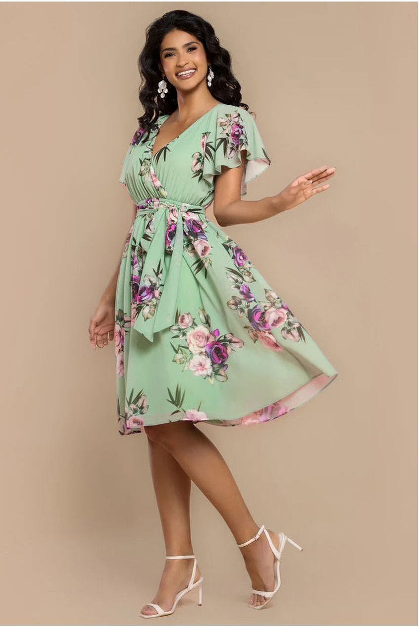 Goddiva Sustainable Floral Print Midi Wrap Dress With Flutter Sleeves - Duck Egg By - Duckegg - 8