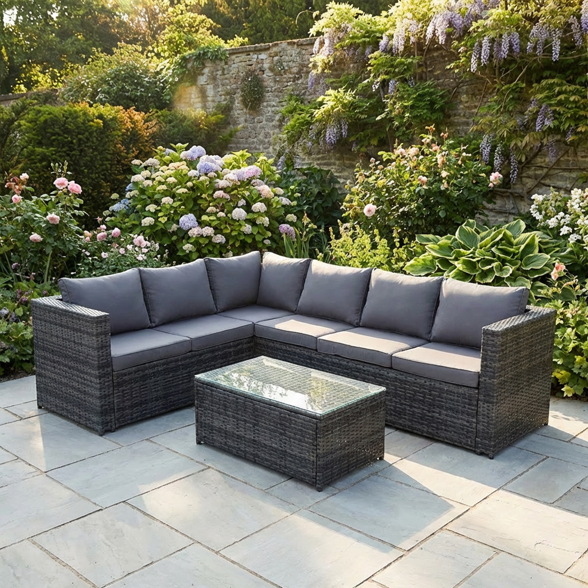 Fimous Grey 6 Seater Rattan Corner Sofa Set With Rectangular Coffee Table