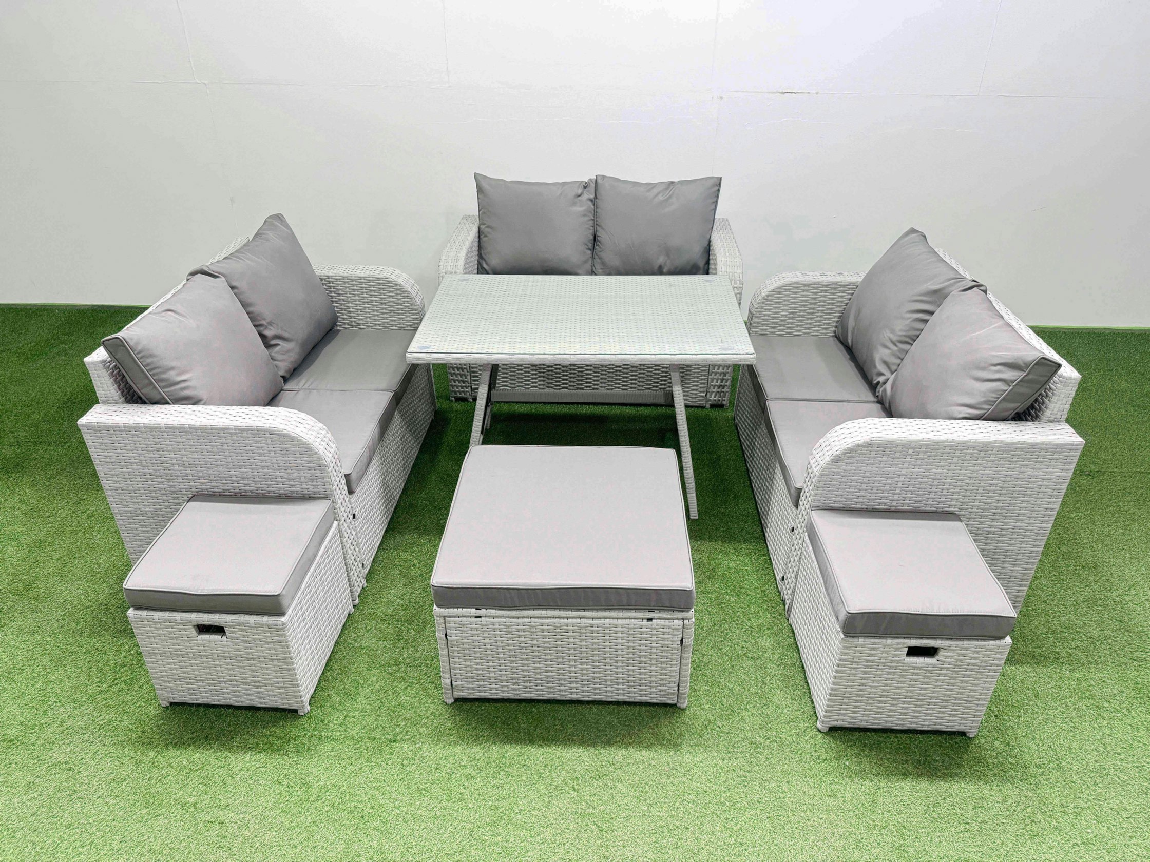 Fimous Dark/Grey Rattan Garden Furniture Dining Set 9 Seater Patio Rectangular Table Love Sofa Set With 3 Stools