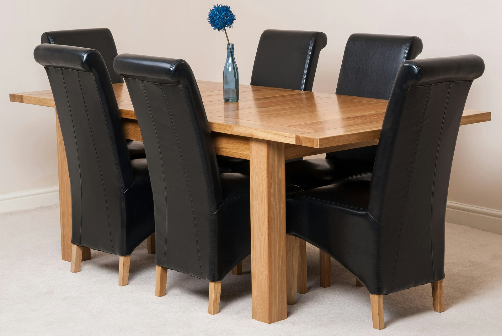 That's Furniture Black Seattle Oak Extending Dining Table With Montana Leather Chairs - 6 Chairs