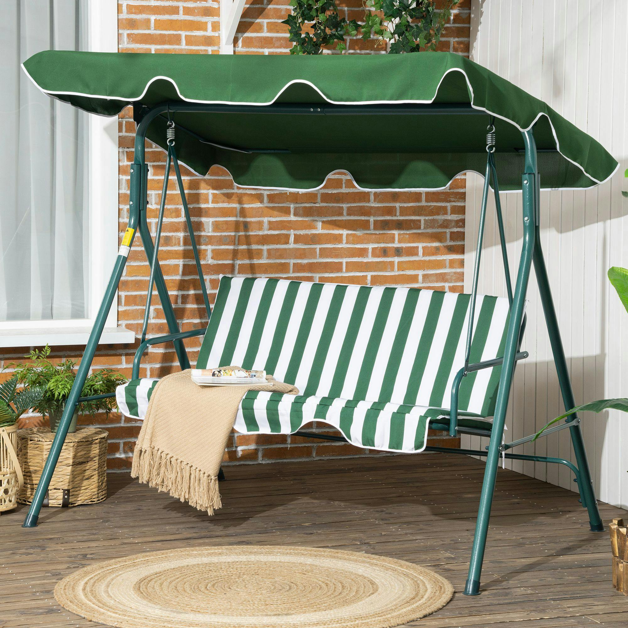 Rackhams Green/White Outdoor 3-Person Porch Swing Chair With Adjustable Canopy - And