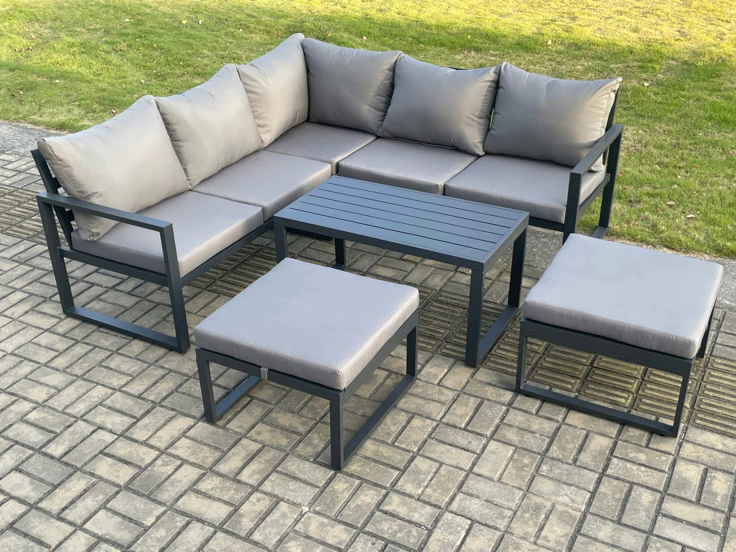 Fimous Dark/Grey Aluminium Outdoor Garden Furniture Set Lounge Sofa Oblong Coffee Table Sets With 2 Big Footstool Indoor Conservatory Set