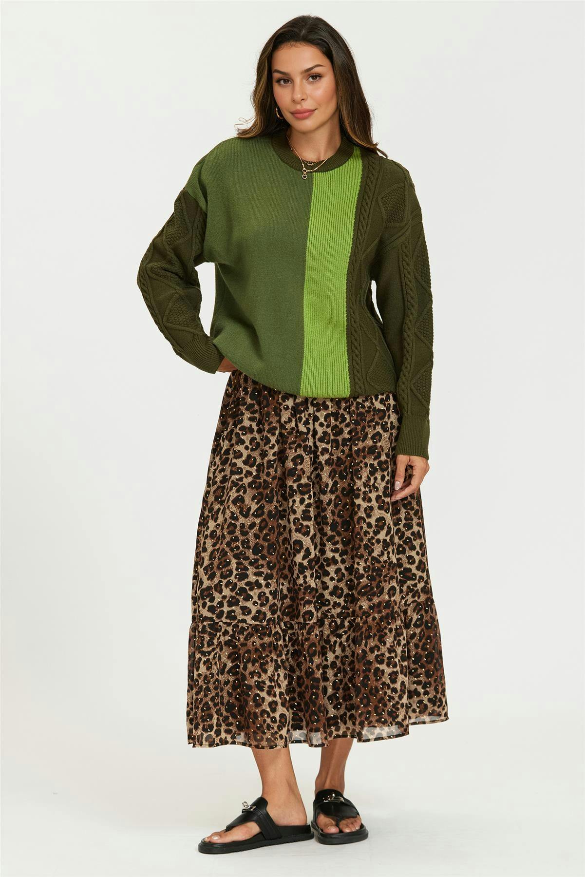 Fs Collection Gold/Brown Foil Leopard Print Midi Skirt In - Xs