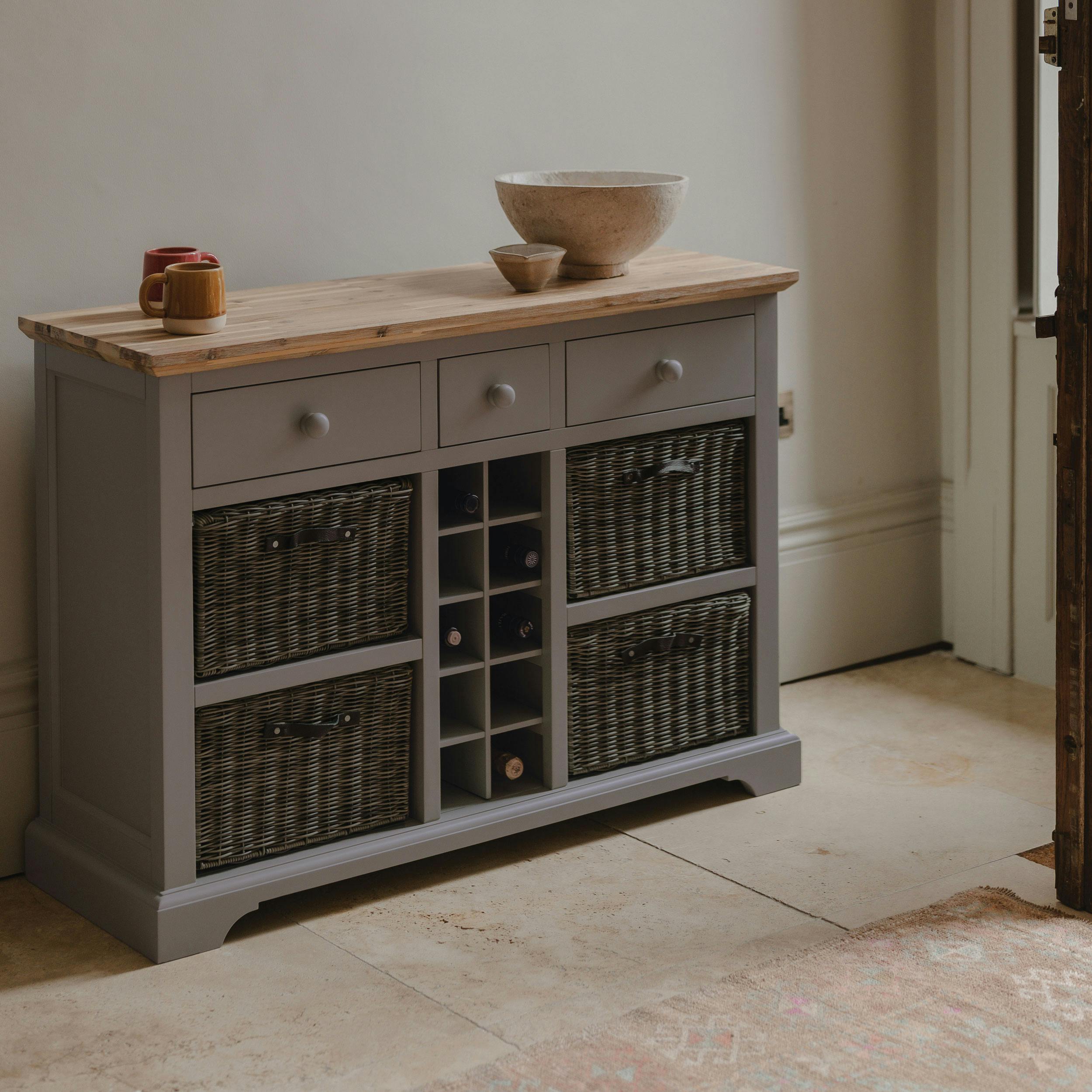 Statement Furniture Grey Florence Wooden Sideboard With Wine Rack, 3 Drawers And Storage Baskets - Dove