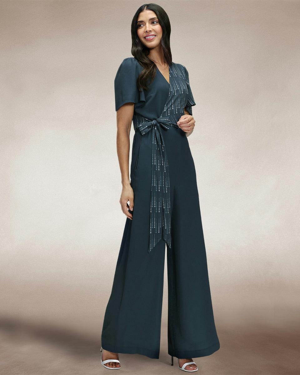 Hotsquash Dark Overwrap Print Jumpsuit - Teal Drops - 10
