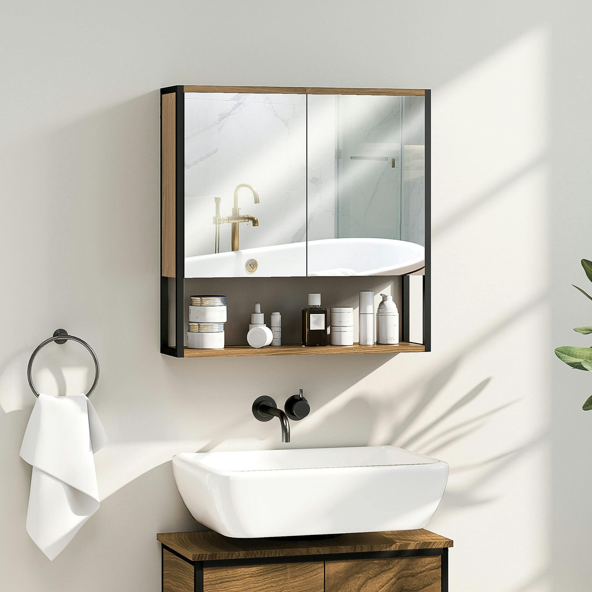 Homcom Unisex Natural Industrial Bathroom Cabinet With 2 Mirrored Doors Open Shelf, | : W600mm X H600mm - Image 5