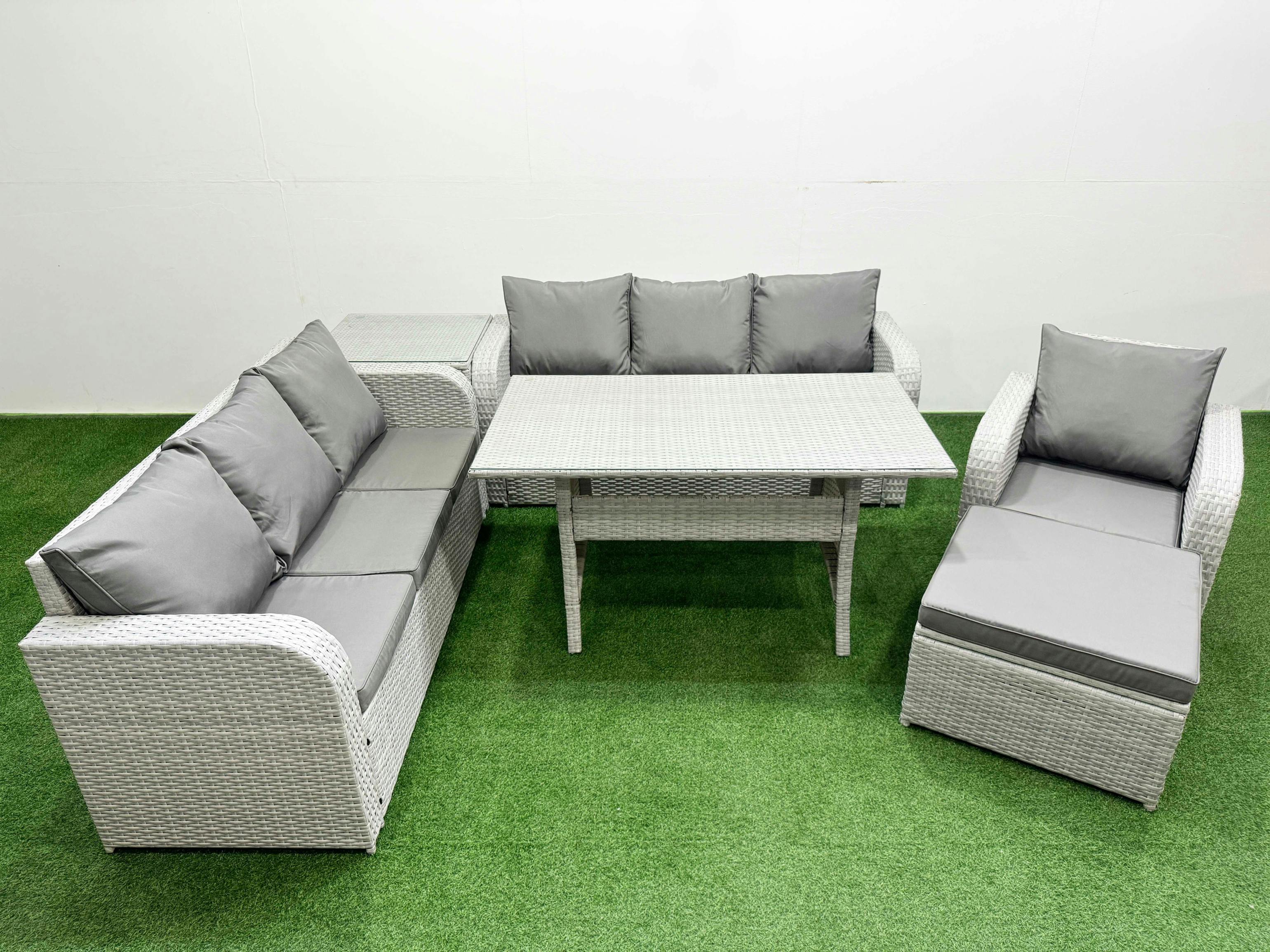 Fimous Light/Grey 8 Seater Poly Rattan Garden Furniture Patio Set, Dining Table, 3 Seater Sofas, Reclining Chair,, Big Footstool, Side Table,