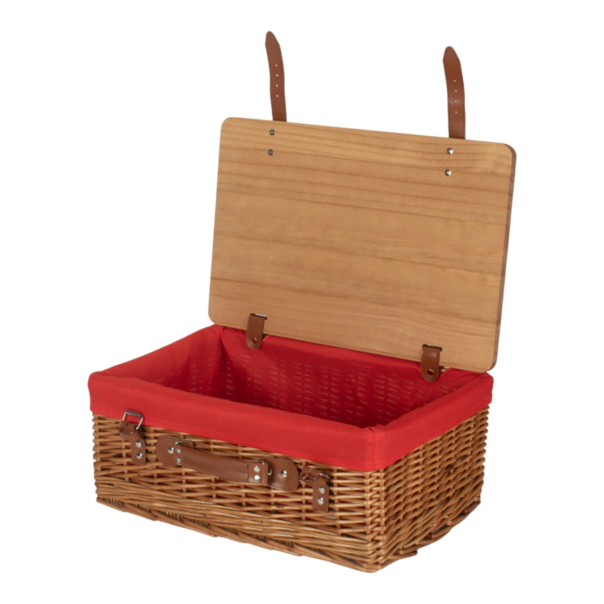 Red Hamper Double Steamed Lined Willow Picnic Basket With Pinewood Lid - Medium - 1 - Wicker And Pinewood
