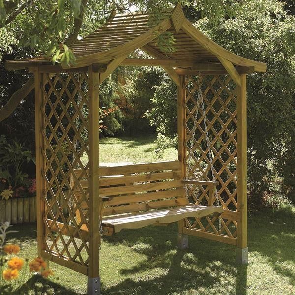 Rowlinson Garden Arbour Swingseat With Roof & Side Trellis - Tanalised Timber